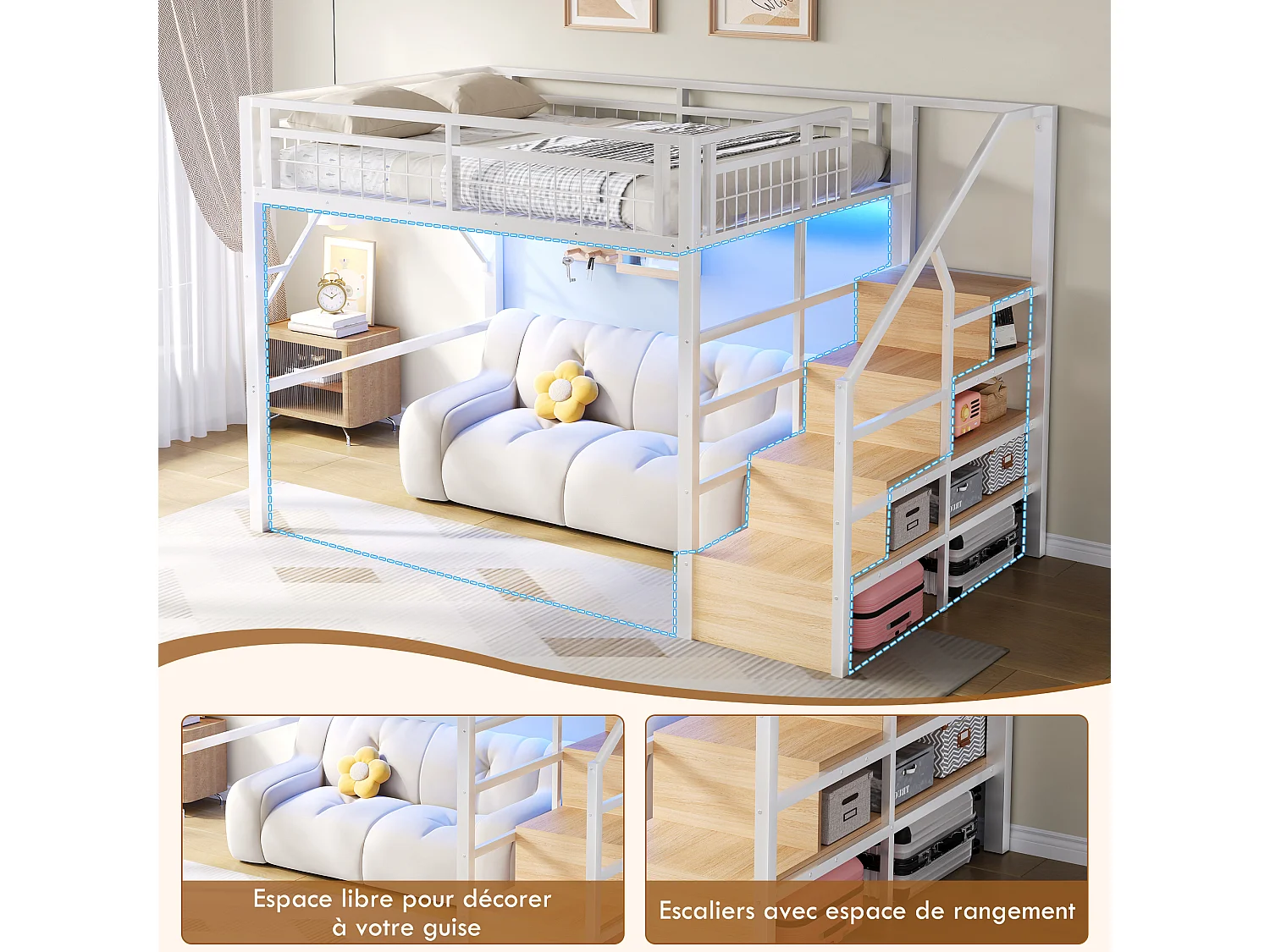 Lit mezzanine 140x200 cm avec escalier de rangement - avec bande LED et espace modulable dessous - métal blanc