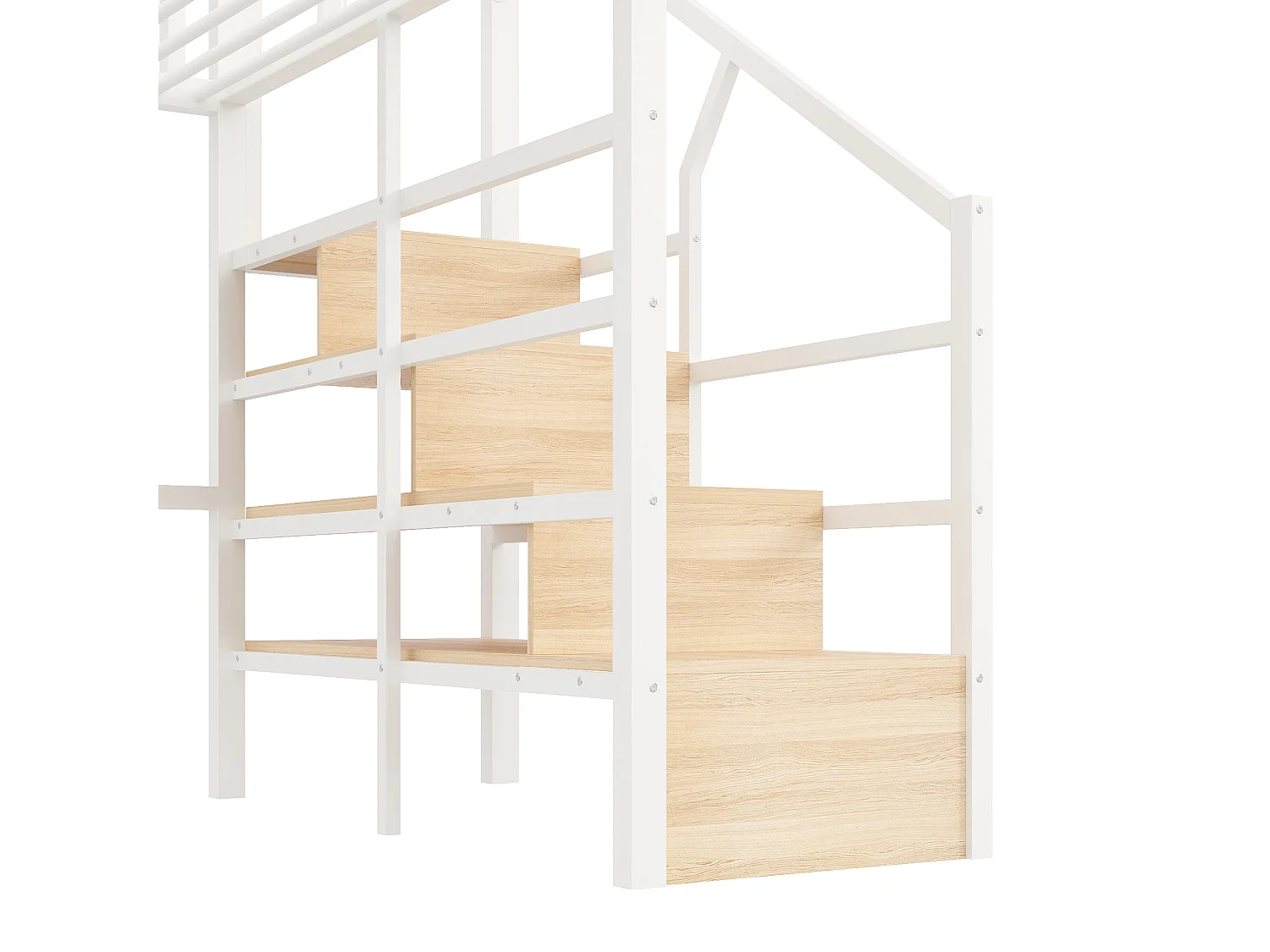 Lit mezzanine 140x200 cm avec escalier de rangement - avec bande LED et espace modulable dessous - métal blanc