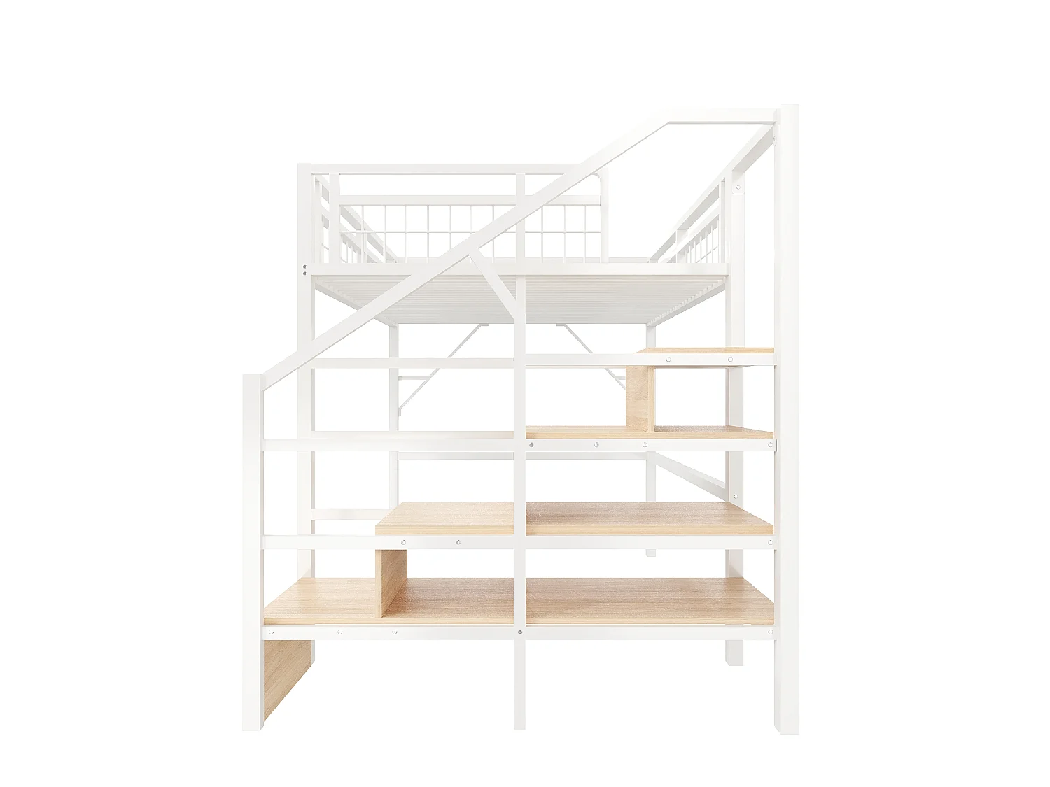 Lit mezzanine 140x200 cm avec escalier de rangement - avec bande LED et espace modulable dessous - métal blanc