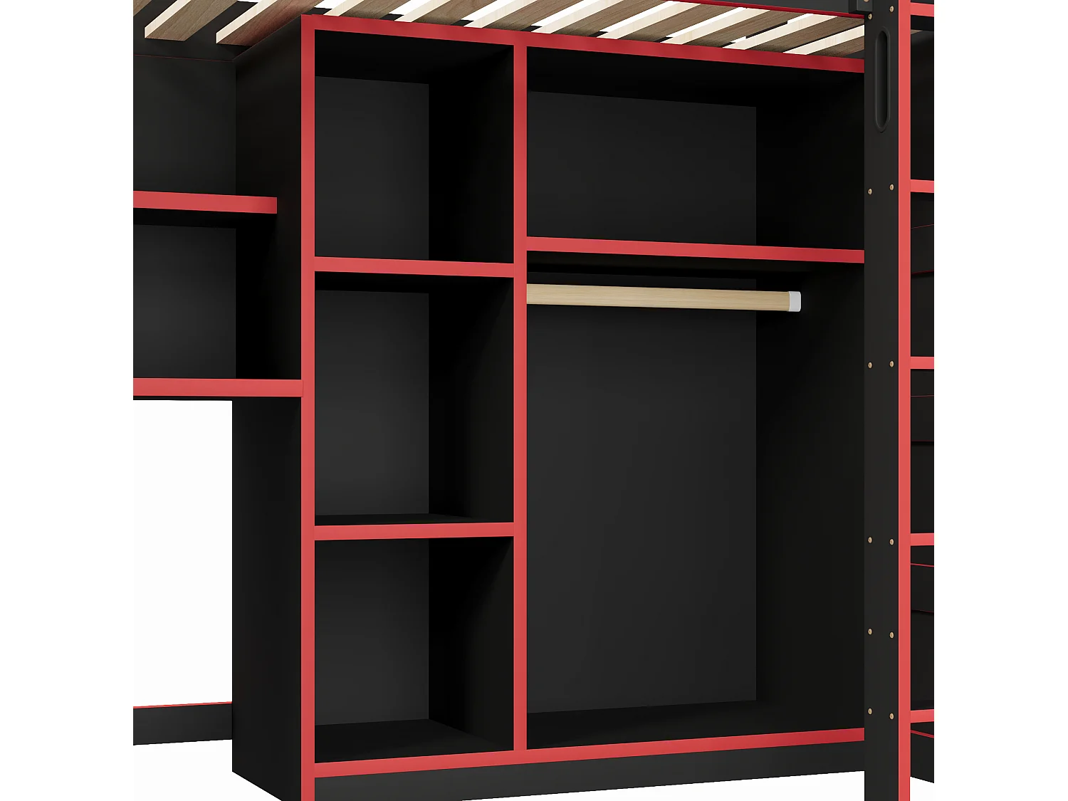 Lit mezzanine gaming 90 x 200 cm en bois, bureau, armoire, rangements multiples, LED, port USB, noir et rouge