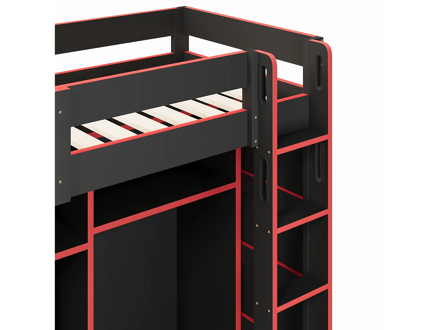 Lit mezzanine gaming 90 x 200 cm en bois, bureau, armoire, rangements multiples, LED, port USB, noir et rouge