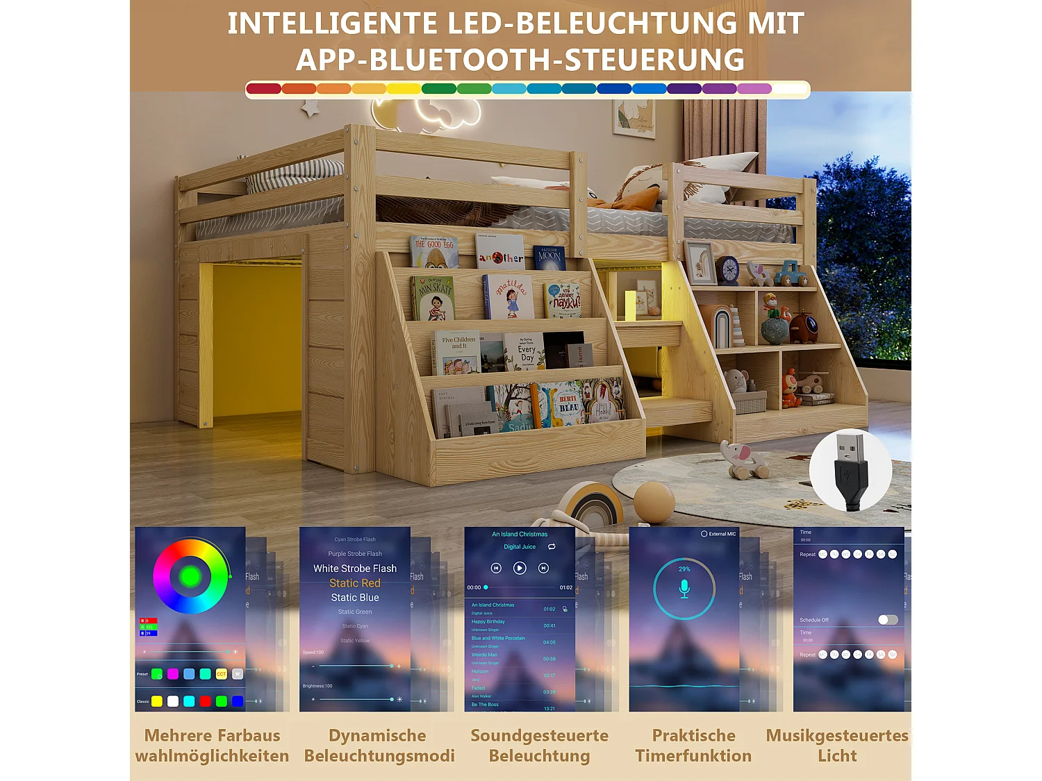 Lit mi-hauteur 140 x 200cm, éclairage LED, étagères réglables, garde-corps, échelle sécurisée, table intégrée, bois de pin, naturel