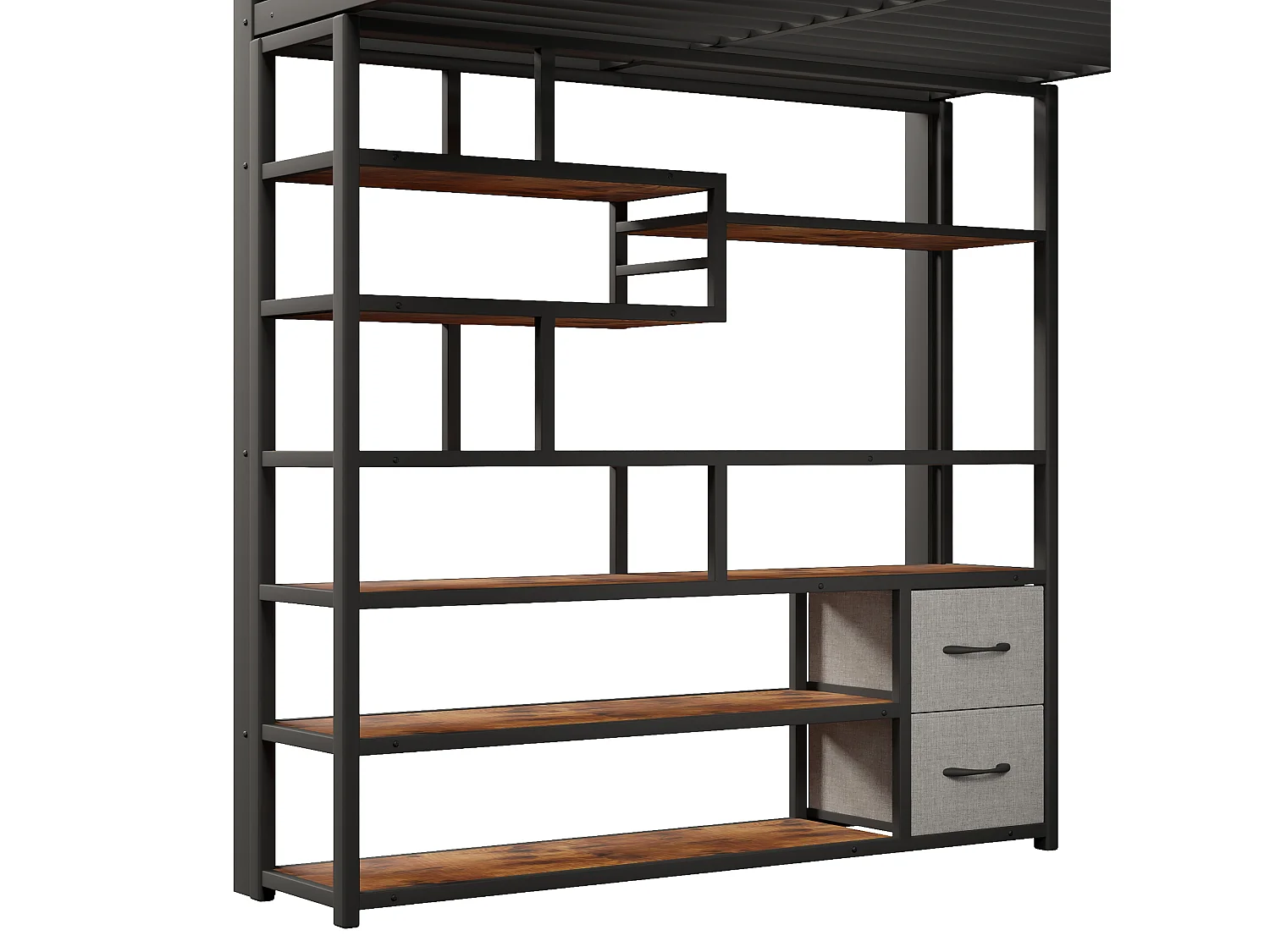 Lit mezzanine 140x200cm avec tiroirs en tissu, avec LED, étagères, marches intégrées, métal noir