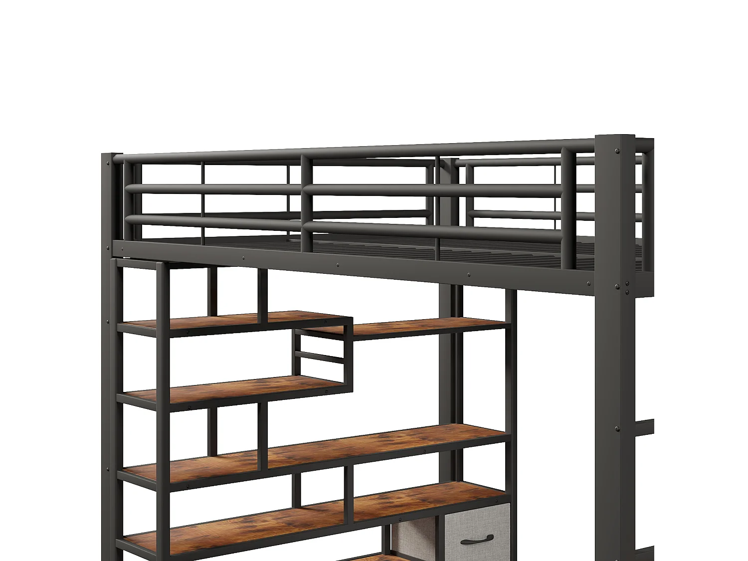 Lit mezzanine 140x200cm avec tiroirs en tissu, avec LED, étagères, marches intégrées, métal noir