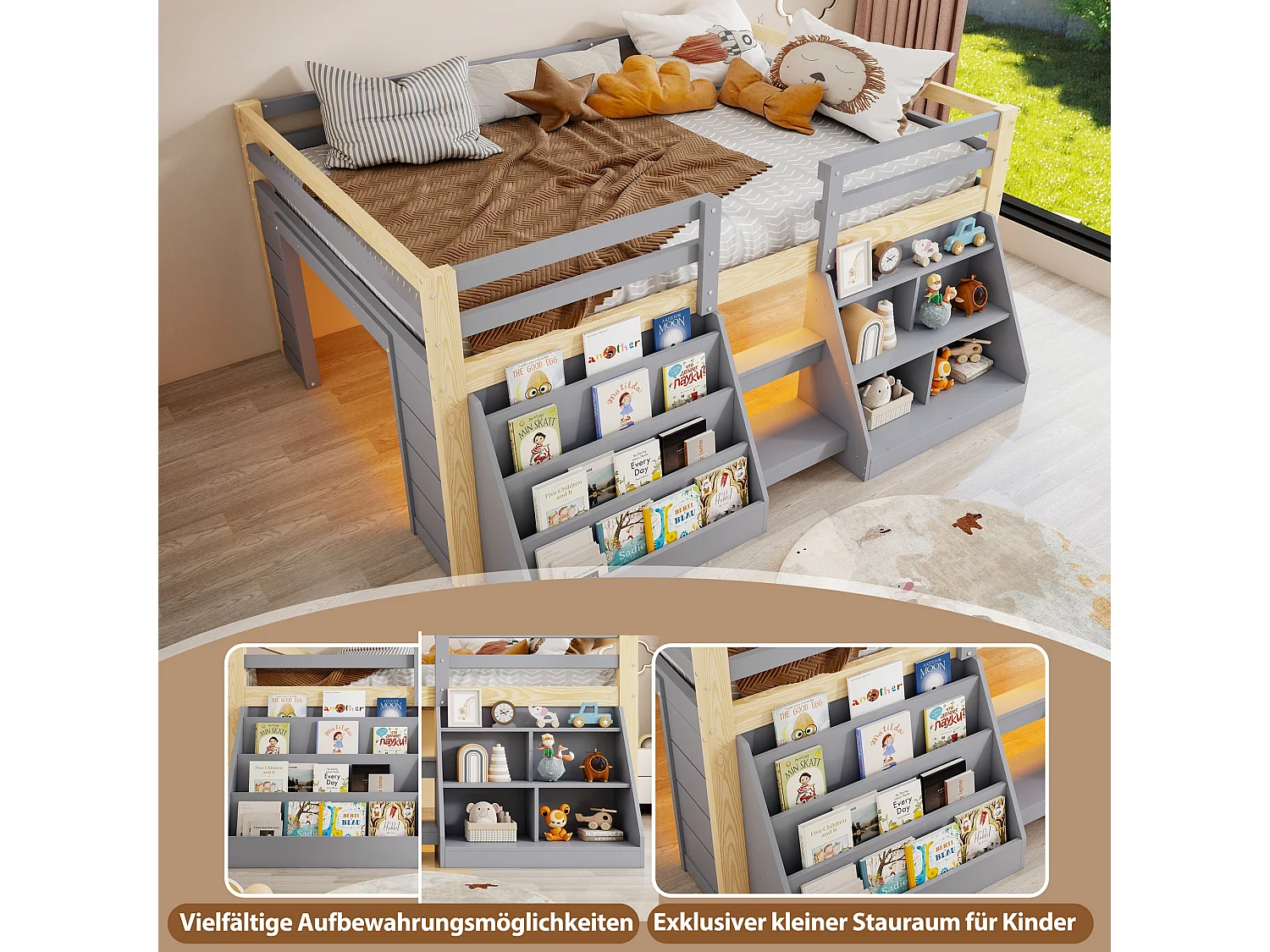 Lit mi-hauteur 140 x 200 cm avec étagères de rangement, ruban LED, garde-corps et échelle, sans matelas, pin massif, gris et naturel