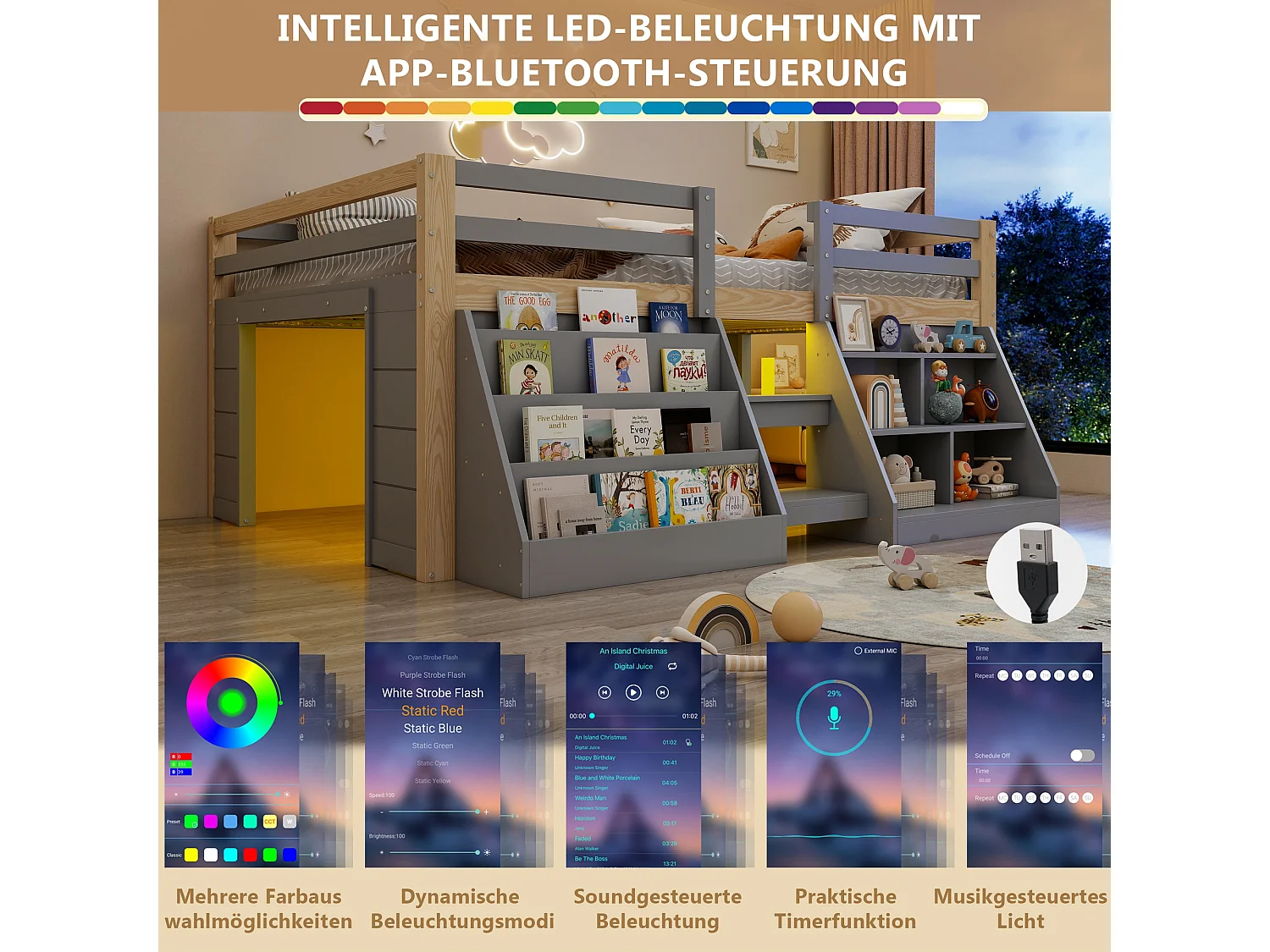 Lit mi-hauteur 140 x 200 cm avec étagères de rangement, ruban LED, garde-corps et échelle, sans matelas, pin massif, gris et naturel