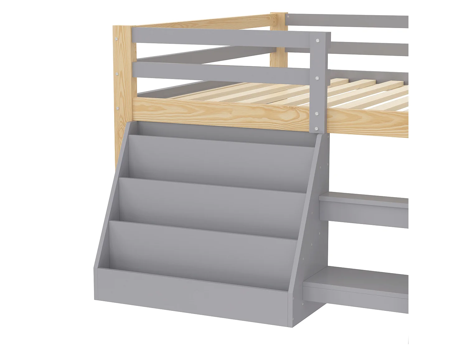 Lit mi-hauteur 140 x 200 cm avec étagères de rangement, ruban LED, garde-corps et échelle, sans matelas, pin massif, gris et naturel