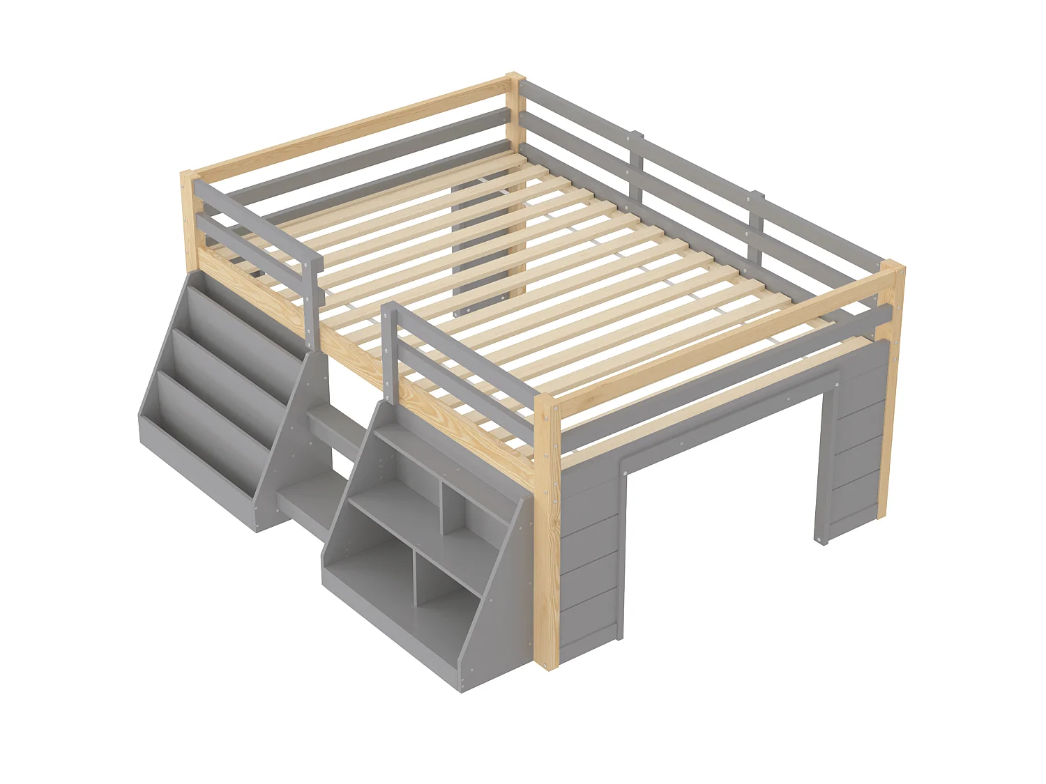 Lit mi-hauteur 140 x 200 cm avec étagères de rangement, ruban LED, garde-corps et échelle, sans matelas, pin massif, gris et naturel