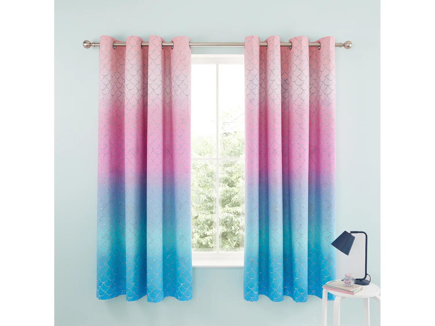 Catherine Lansfield Mermaid 66x72 Inch Fully Reversible Two Curtain Panels Blue/Pink