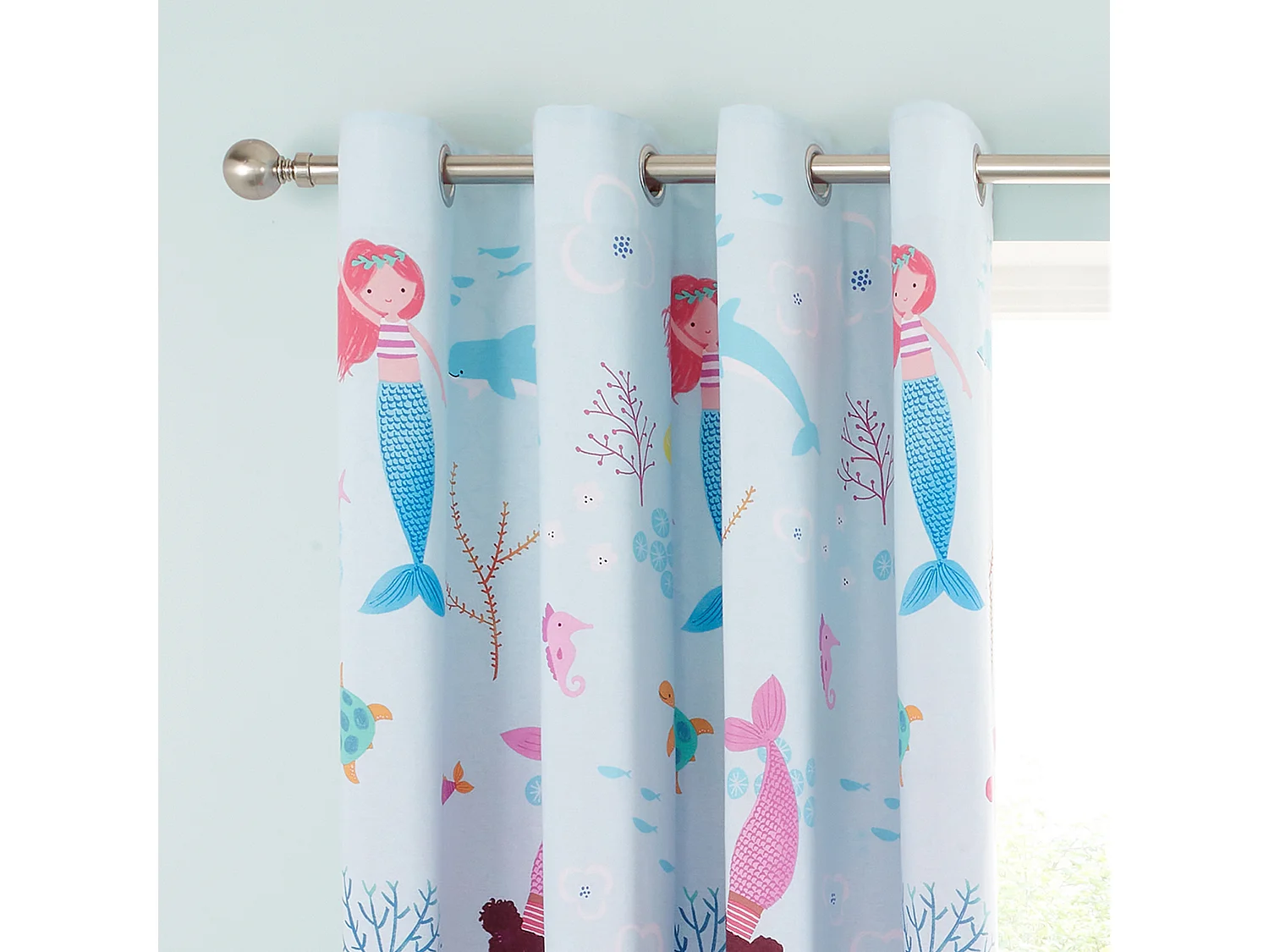 Catherine Lansfield Mermaid 66x72 Inch Fully Reversible Two Curtain Panels Blue/Pink