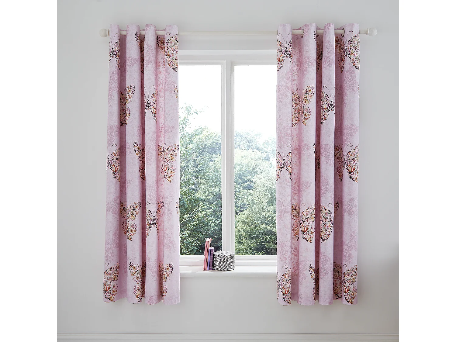 Catherine Lansfield Enchanted Butterfly 66x72 Inch Fully Reversible Eyelet Curtains Two Panels Pink