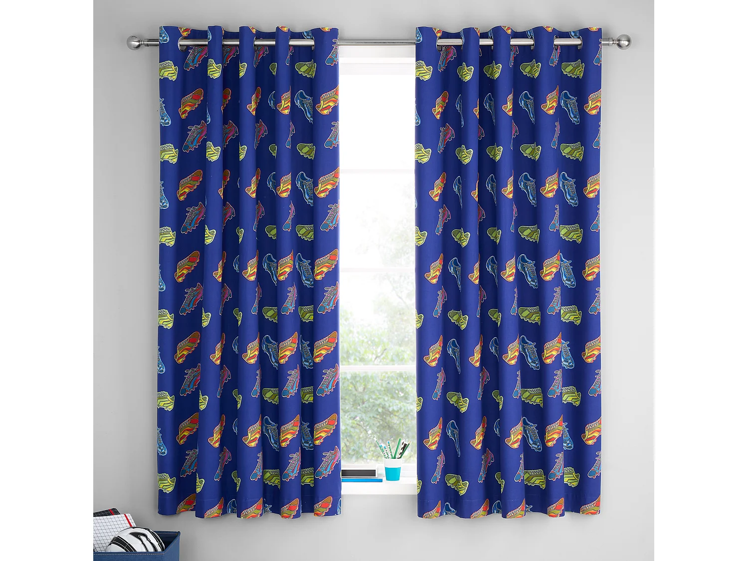 Catherine Lansfield Bright Football Fully Reversible 66x72 Inch Eyelet Curtains Two Panel Navy Blue