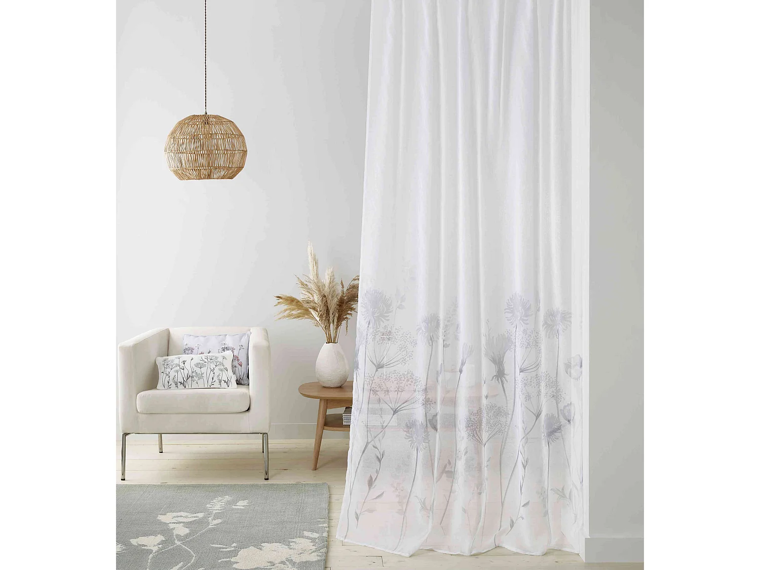 Catherine Lansfield Meadowsweet Floral 55x48 Inch Tab Top Voile Curtain Panel White
