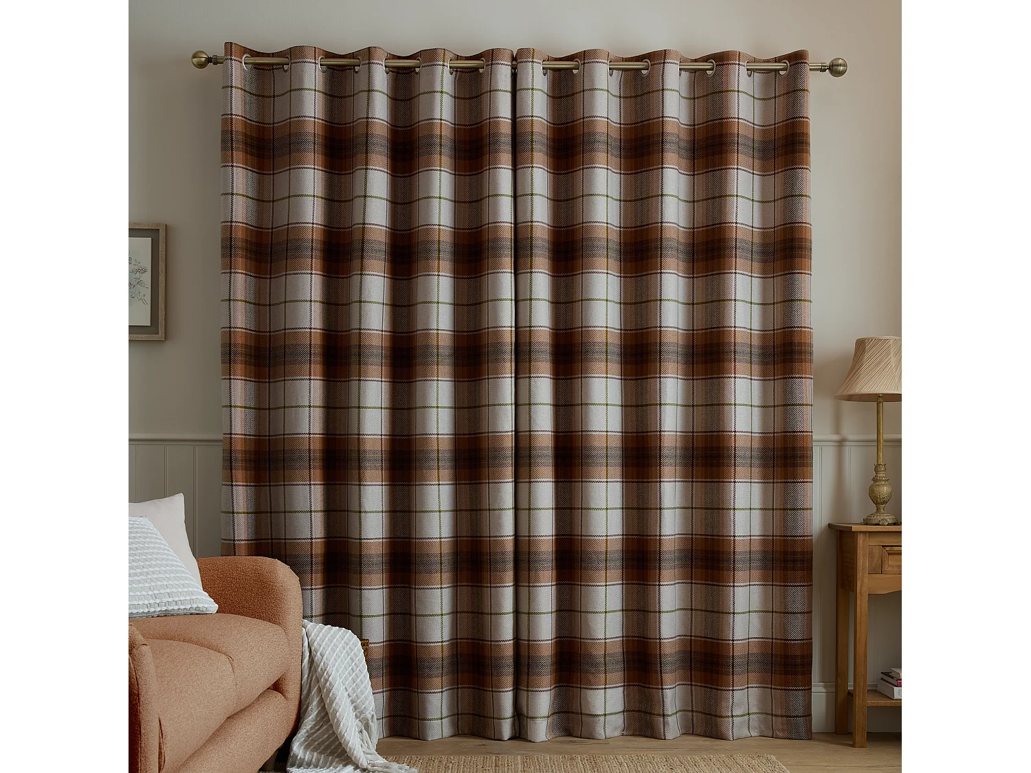 Catherine Lansfield Brushed Woven Glencoe Check Thermal 66x72 Inch Eyelet Curtains Two Panels Terracotta
