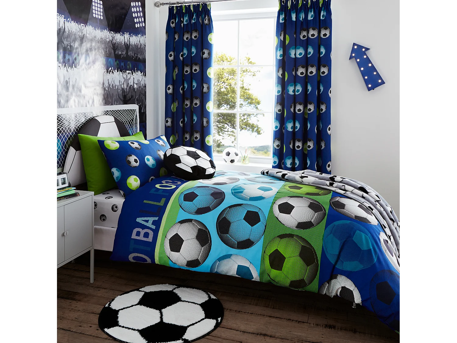 Catherine Lansfield Football 66x72 Inch Lined Pencil Pleat Curtains Two Panels Blue
