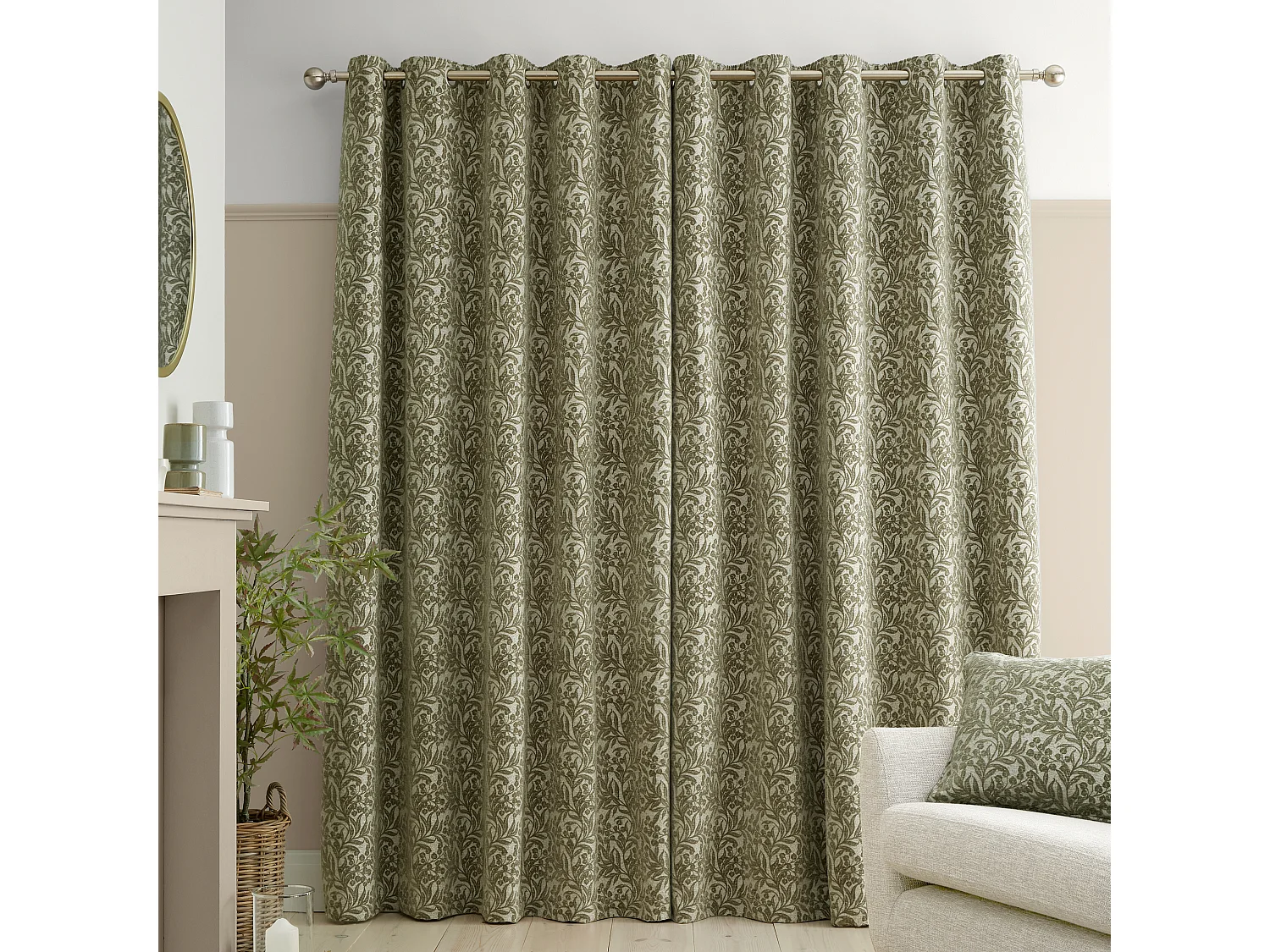 Bianca Fine Linens Chenille Leaves 90x90 Inch Lined Eyelet Curtains Two Panels Green