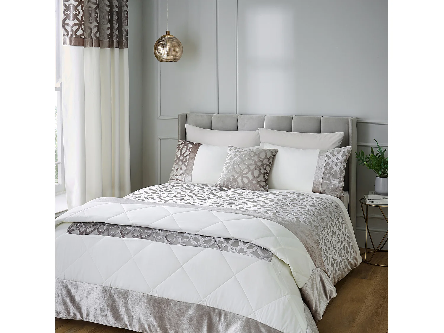 Catherine Lansfield Lattice Cut Velvet 66x72 Inch Lined Eyelet Curtains Two Panels Natural