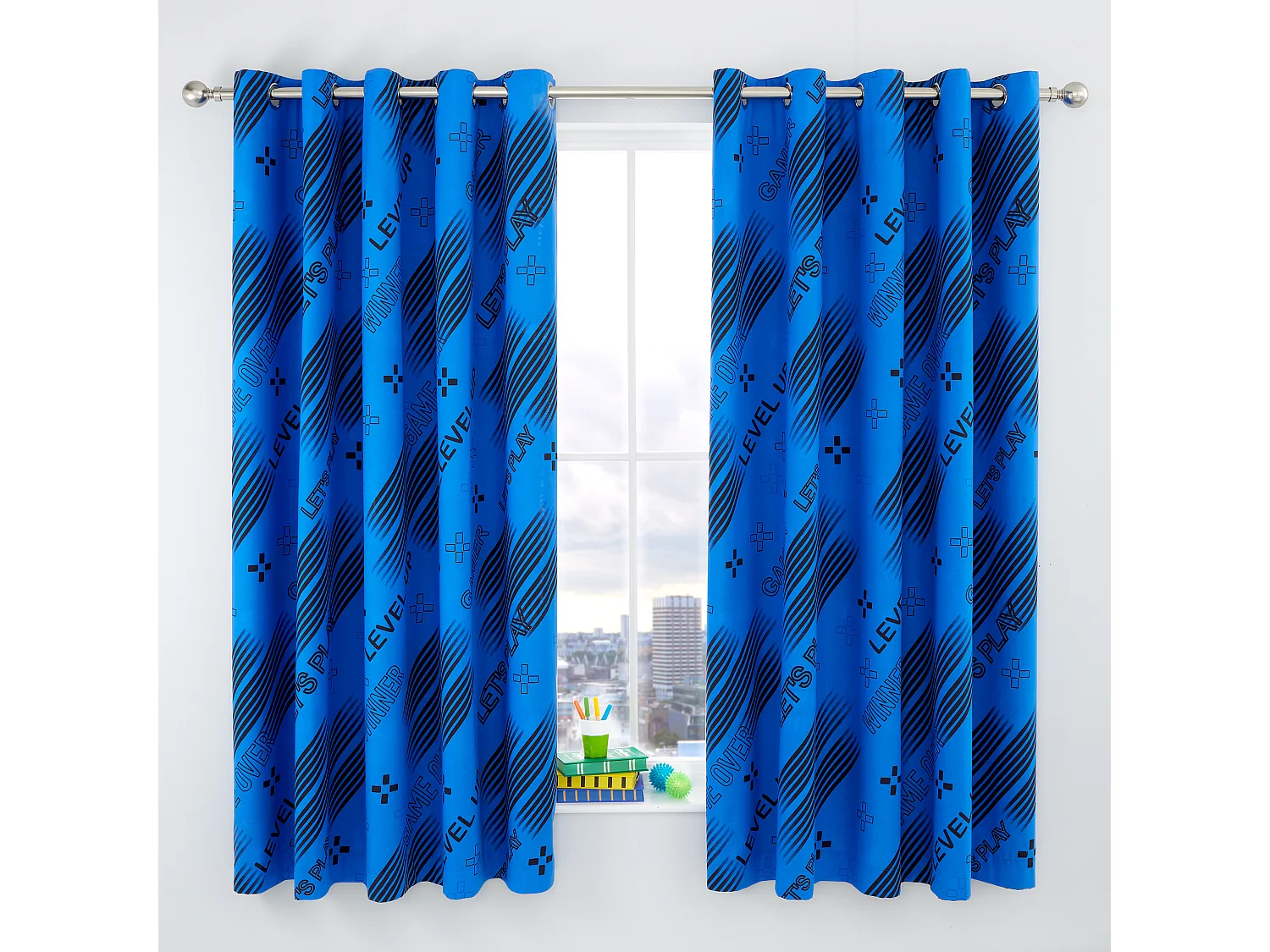 Catherine Lansfield Game Over 66x72 Inch Fully Reversible Eyelet Curtains Two Panels Black