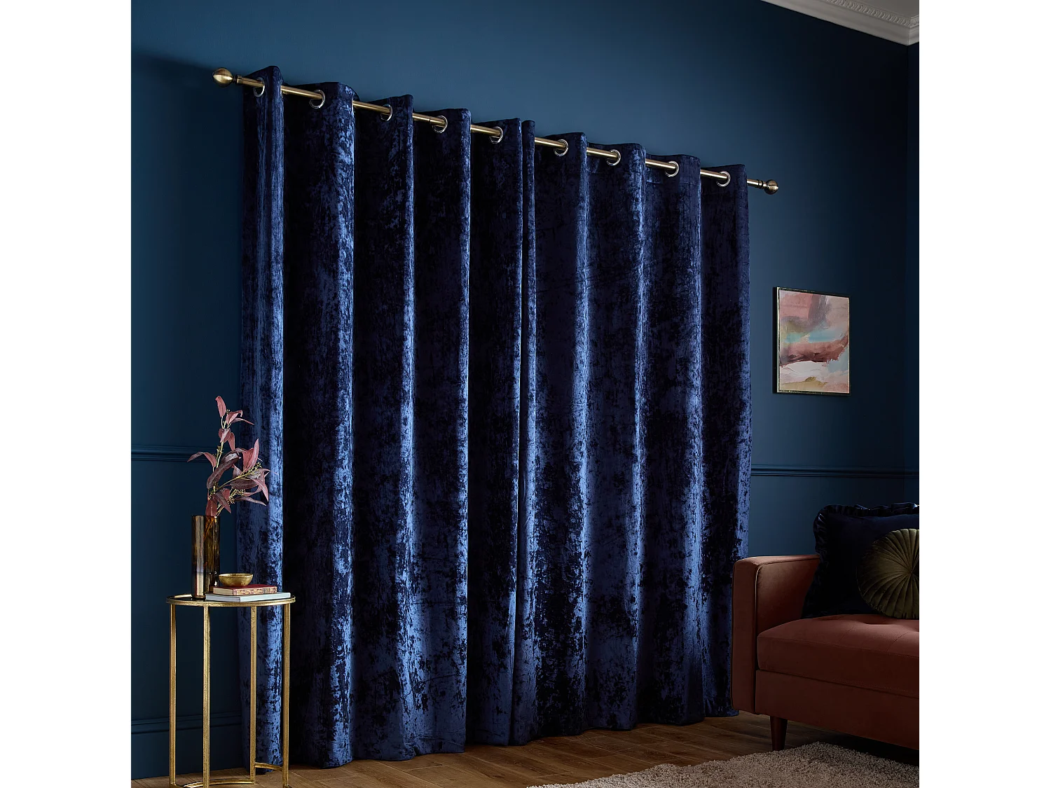Catherine Lansfield Crushed Velvet 90x90 Inch Lined Eyelet Curtains Two Panels Navy Blue