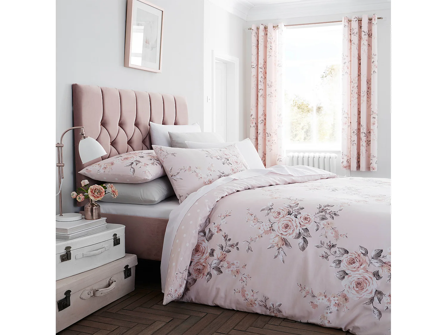 Catherine Lansfield Canterbury Floral 66x72 Inch Lined Eyelet Curtains Two Panels Blush Pink