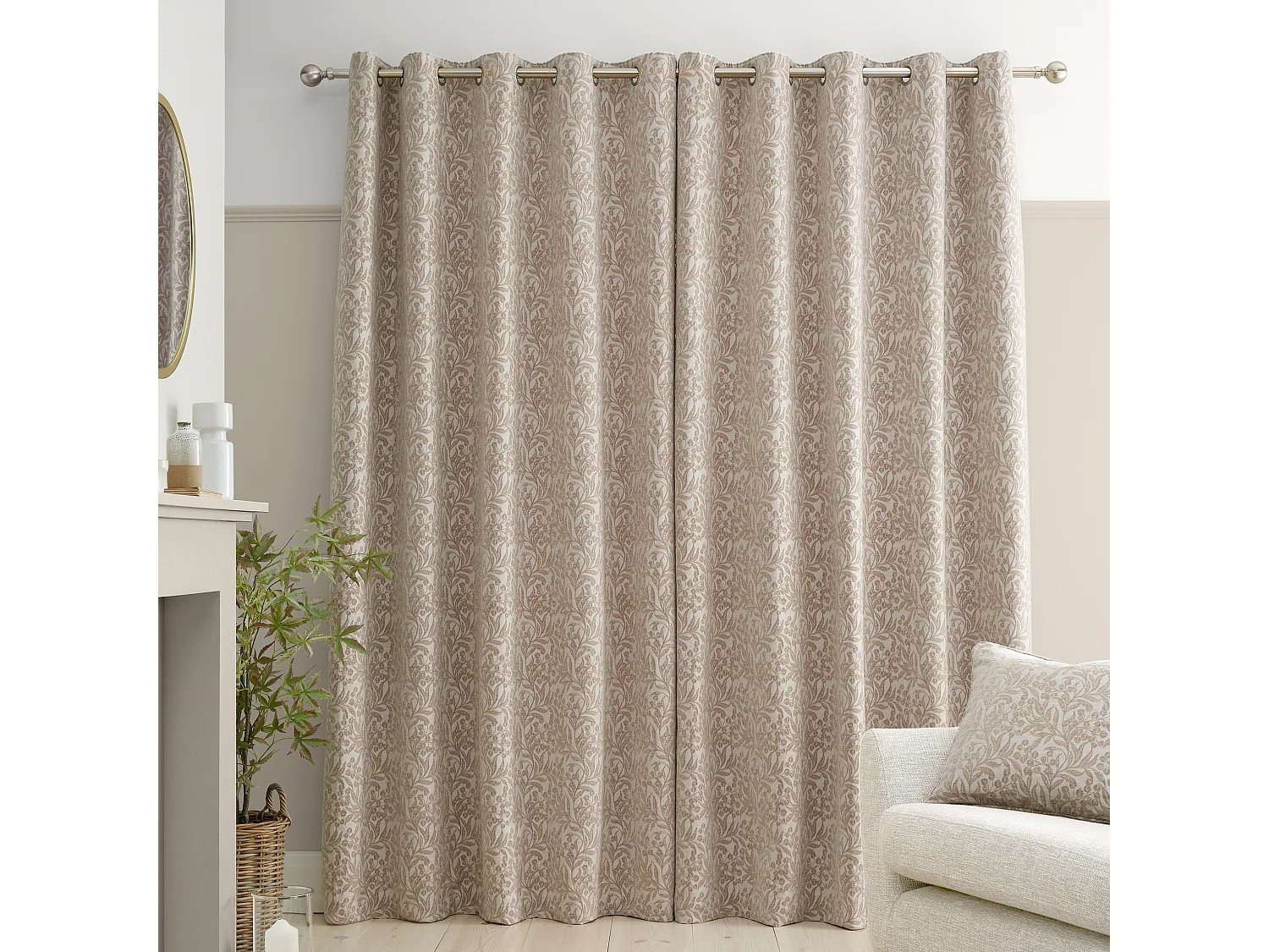 Bianca Fine Linens Chenille Leaves 90x90 Inch Lined Eyelet Curtains Two Panels Natural