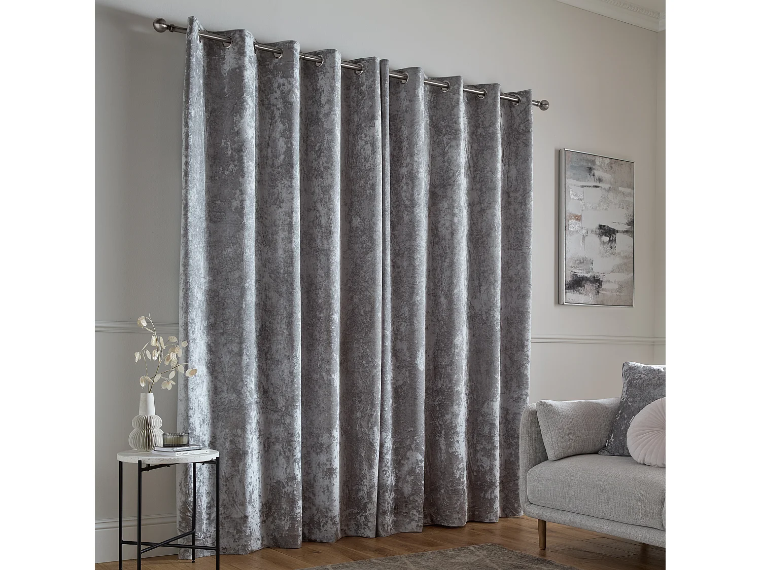Catherine Lansfield Crushed Velvet 46x90 Inch Lined Eyelet Curtains Two Panels Silver Grey