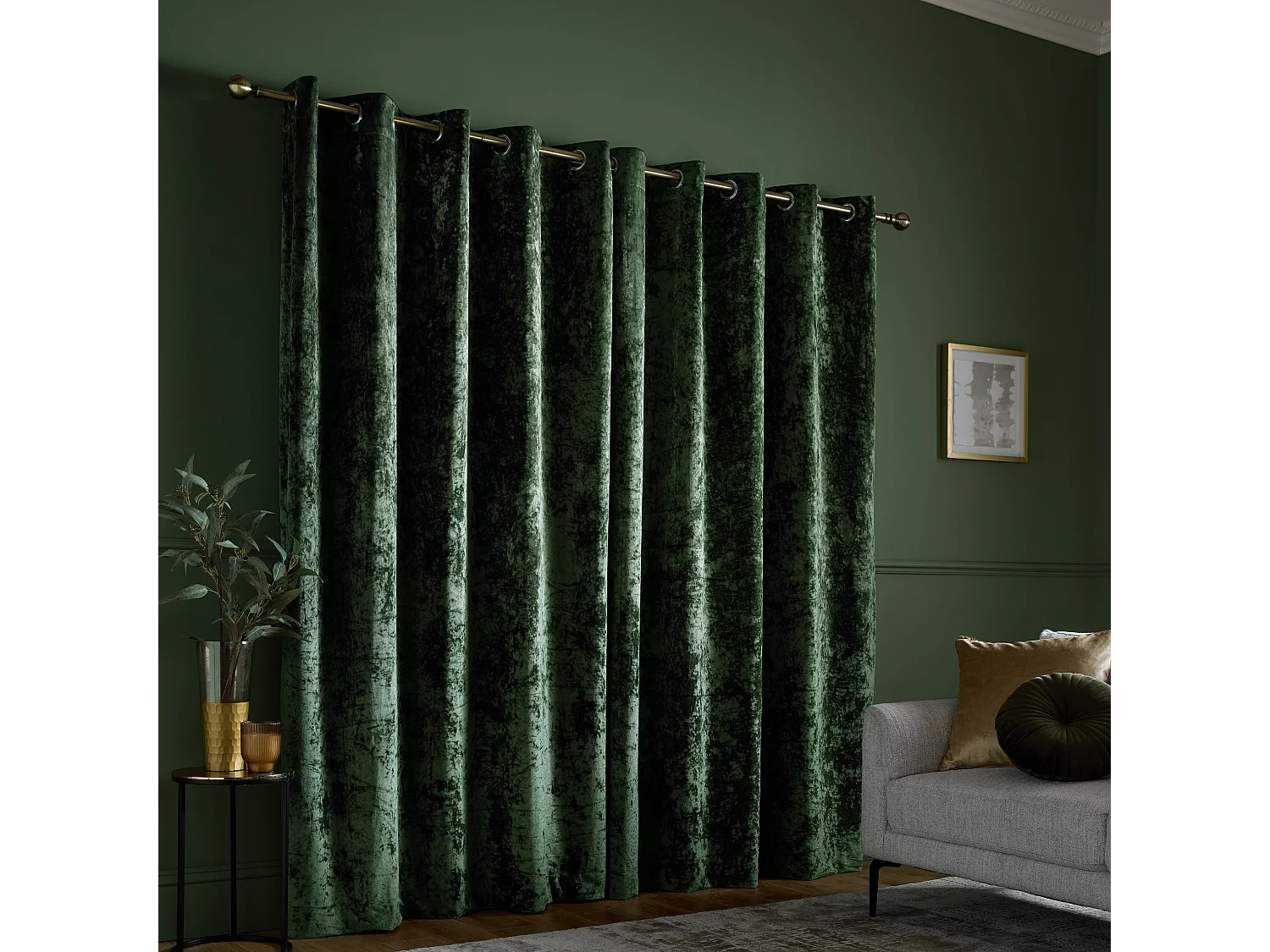 Catherine Lansfield Crushed Velvet 66x90 Inch Lined Eyelet Curtains Two Panels Olive Green