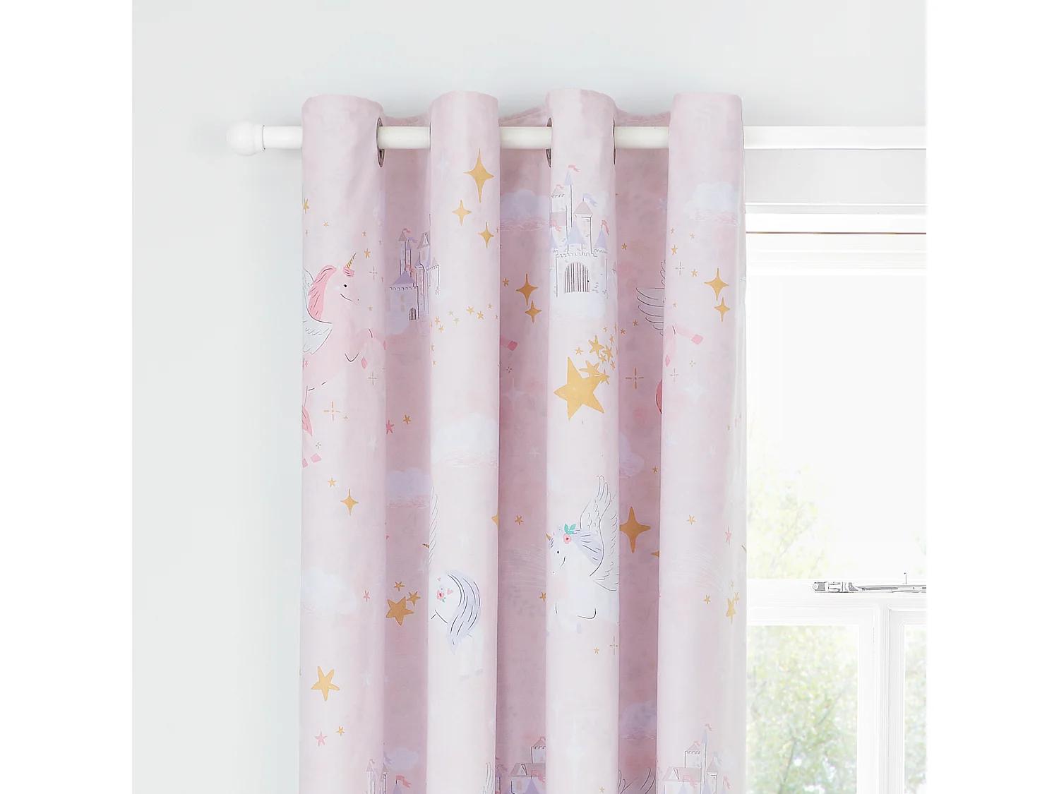 Catherine Lansfield Fairytale Unicorn Fully Reversible 66x72 Inch Eyelet Curtains Two Panels Pink