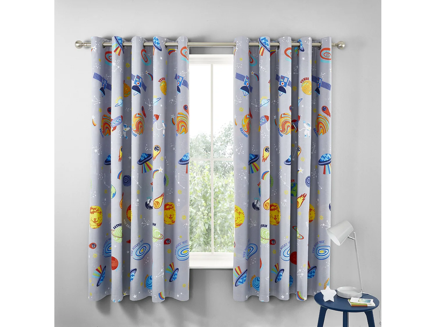 Catherine Lansfield Lost In Space 66x72 Inch Fully Reversible Two Curtain Panels Grey/Blue