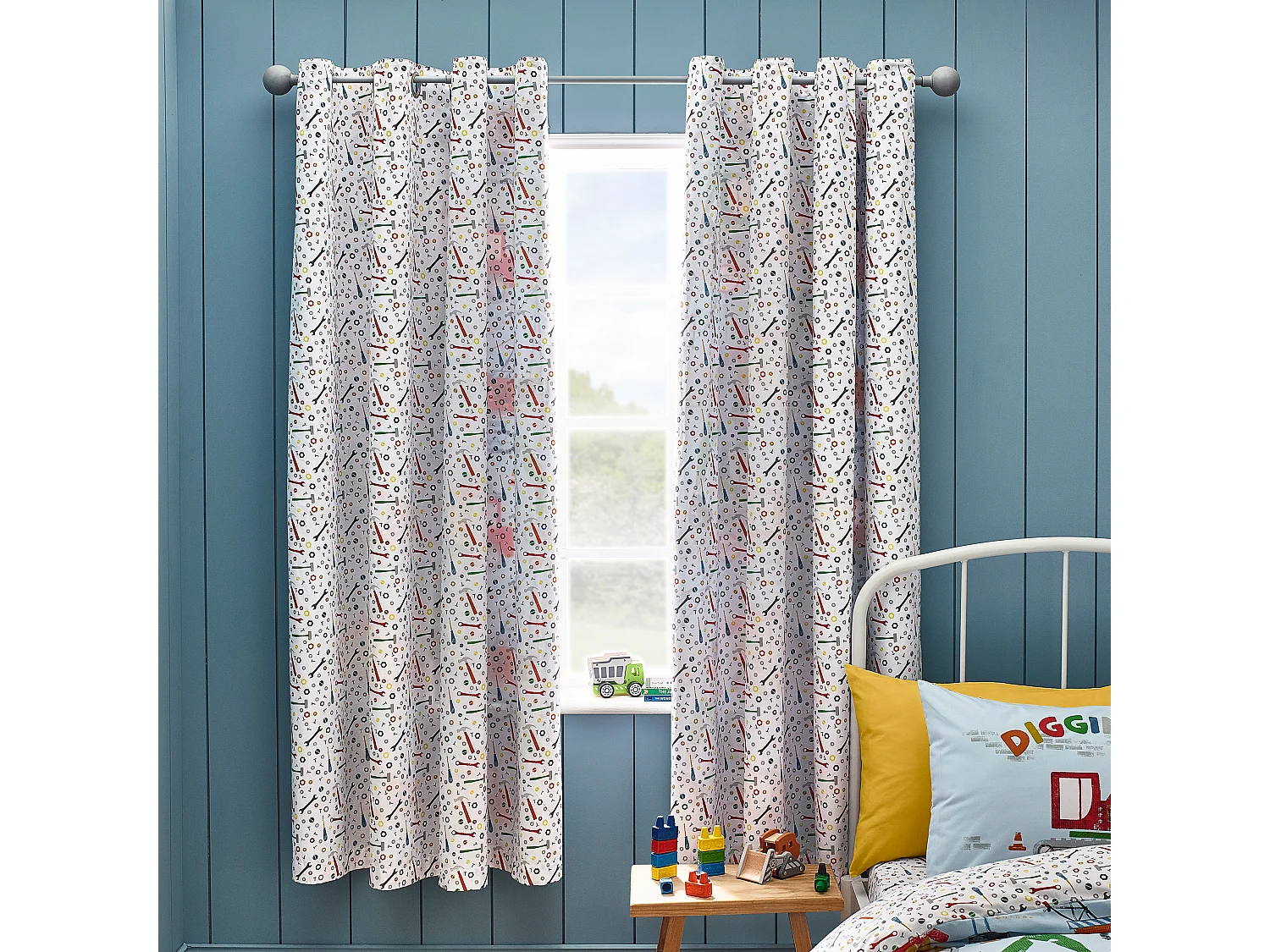 Catherine Lansfield Digger Dreams Fully Reversible 66x72 Inch Eyelet Curtains Two Panels Blue