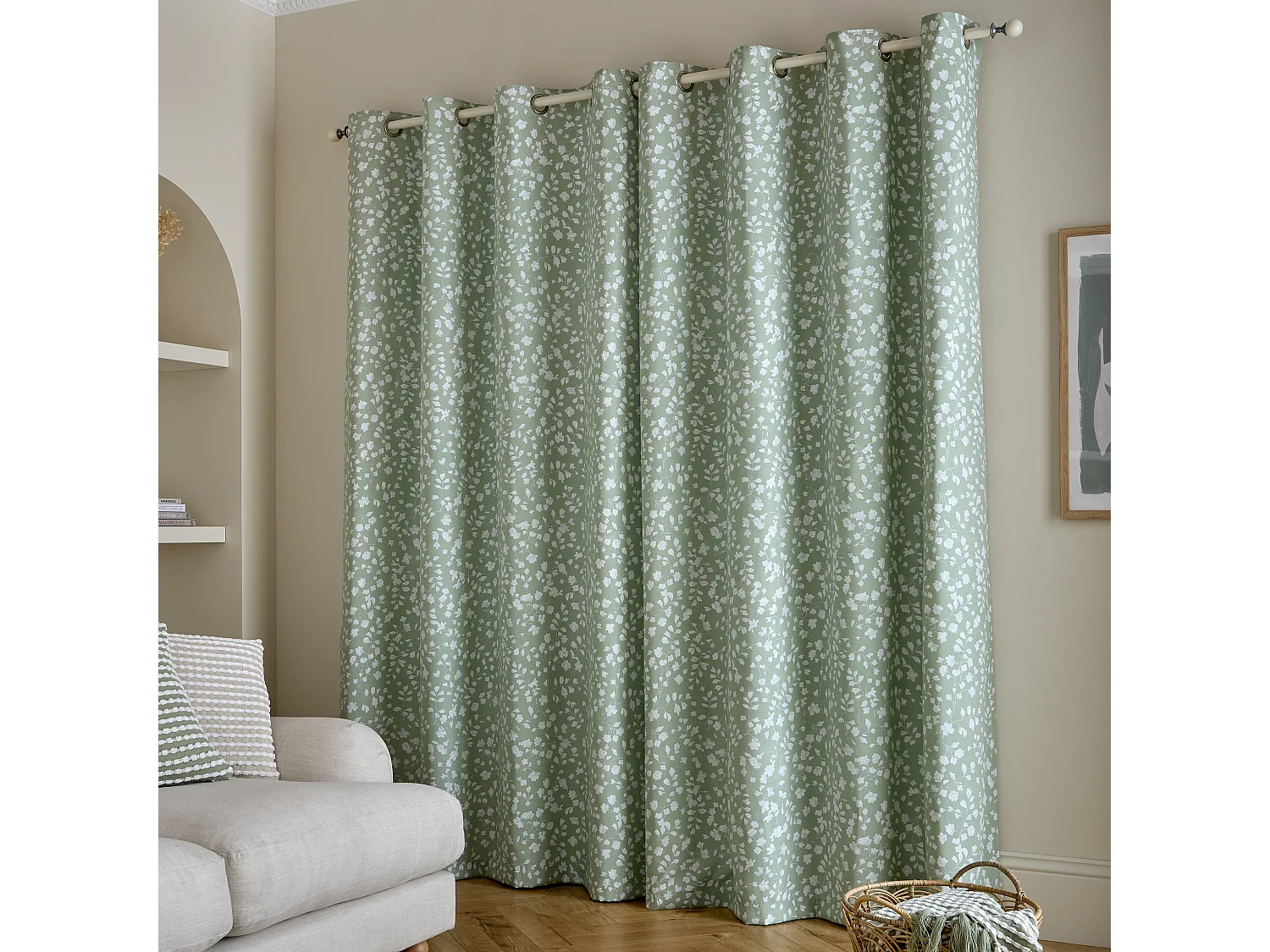 Catherine Lansfield Arla Floral 66x90 Inch Lined Eyelet Curtains Two Panels Green