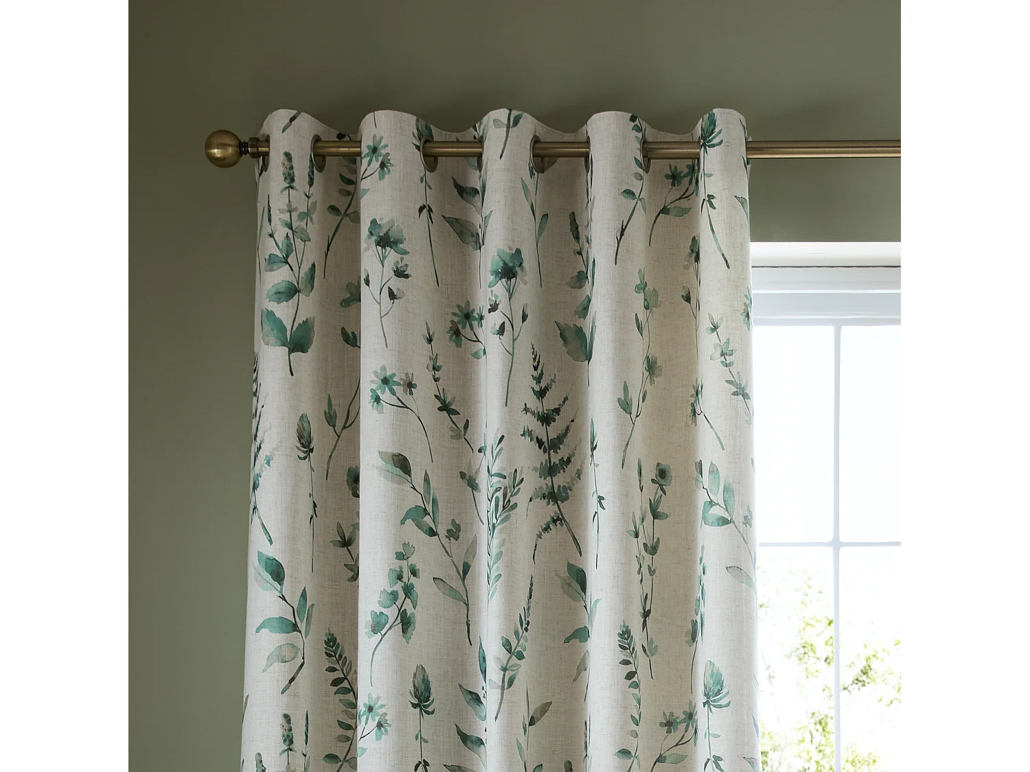 Catherine Lansfield Watercolour Leaves 46x90 Inch Lined Eyelet Curtains Two Panels Natural / Green