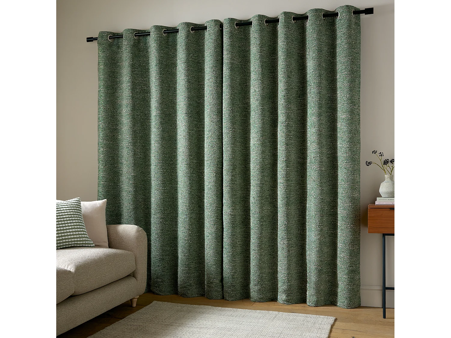Catherine Lansfield Chunky Boucle 90x90 Inch Lined Eyelet Curtains Two Panels Green