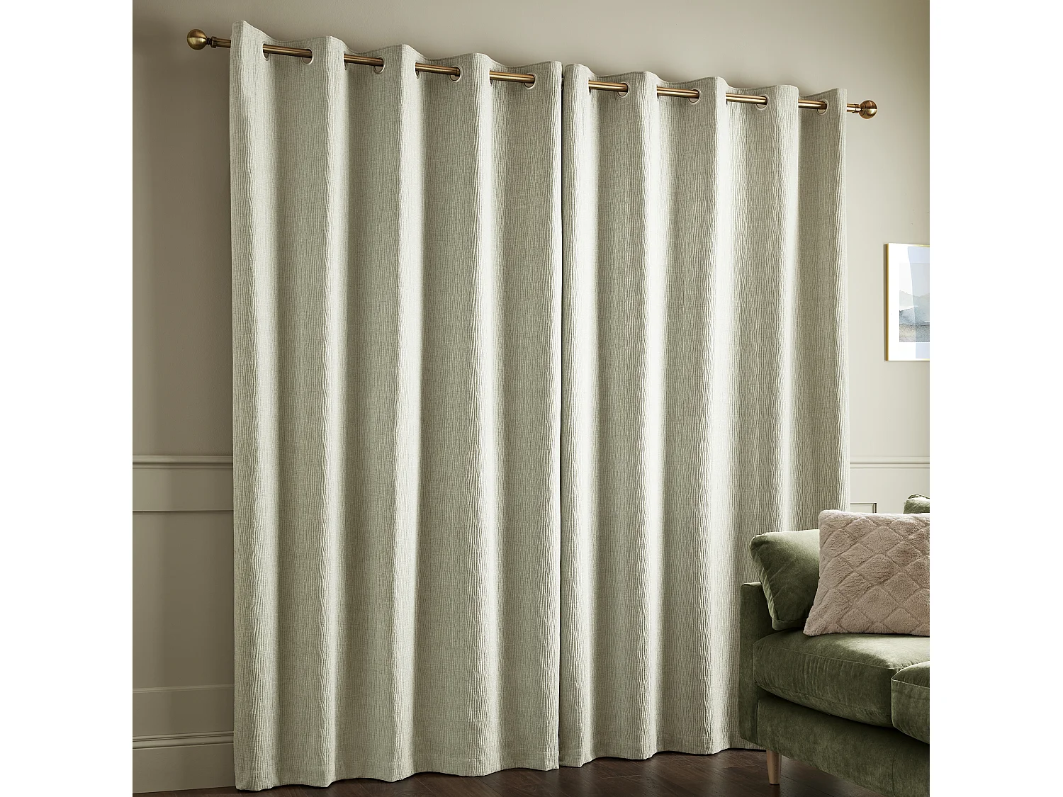 Catherine Lansfield Crinkle Chenille 46x90 Inch Lined Eyelet Curtains Two Panels Natural
