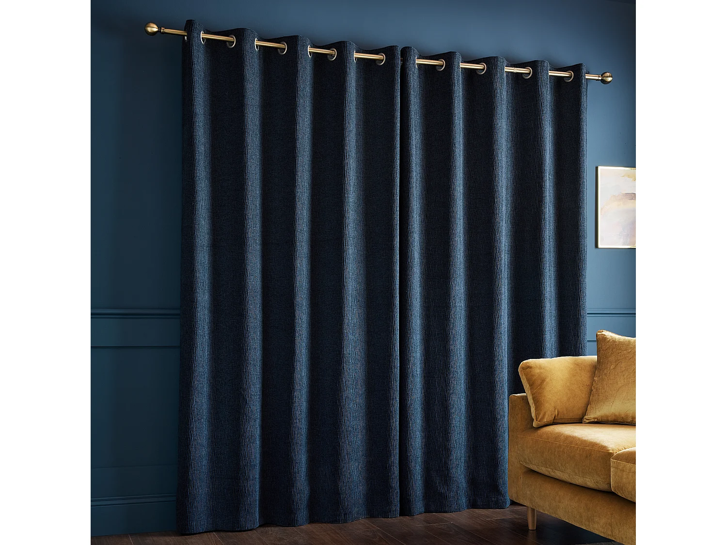 Catherine Lansfield Crinkle Chenille 46x90 Inch Lined Eyelet Curtains Two Panels Blue
