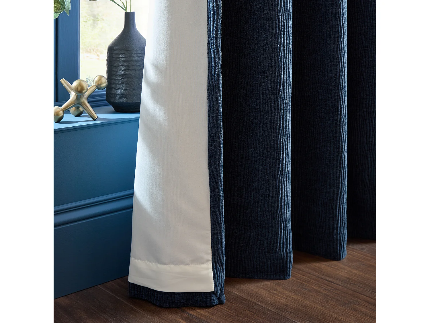 Catherine Lansfield Crinkle Chenille 46x90 Inch Lined Eyelet Curtains Two Panels Blue