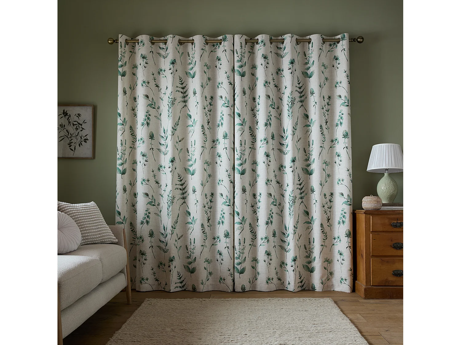 Catherine Lansfield Watercolour Leaves 46x54 Inch Lined Eyelet Curtains Two Panels Natural / Green