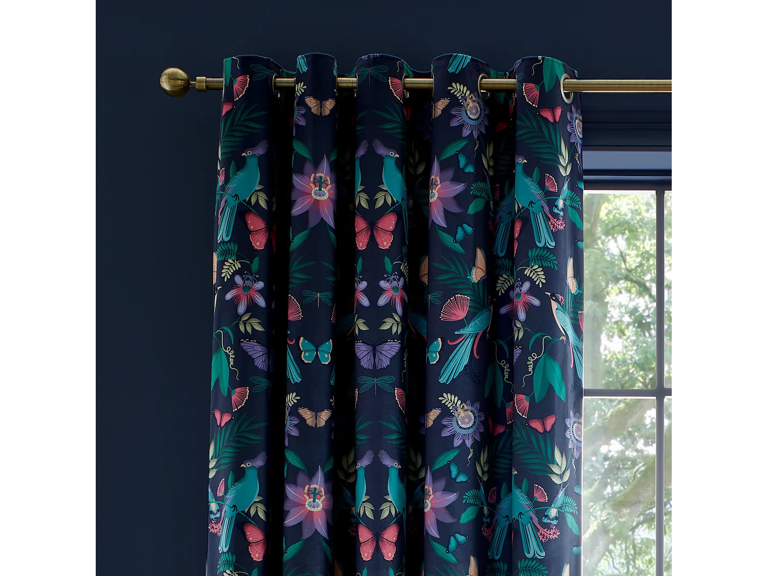 Catherine Lansfield Mya Tropical Birds 90x90 Inch Eyelet Curtains Two Panels Navy Blue