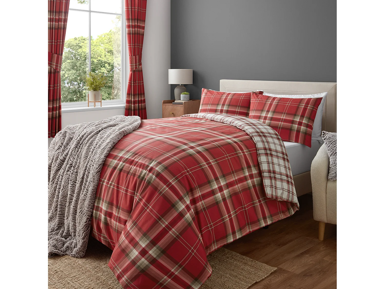 Catherine Lansfield Kelso Check 66x72 Inch Lined Pencil Pleat Curtains Two Panels Red