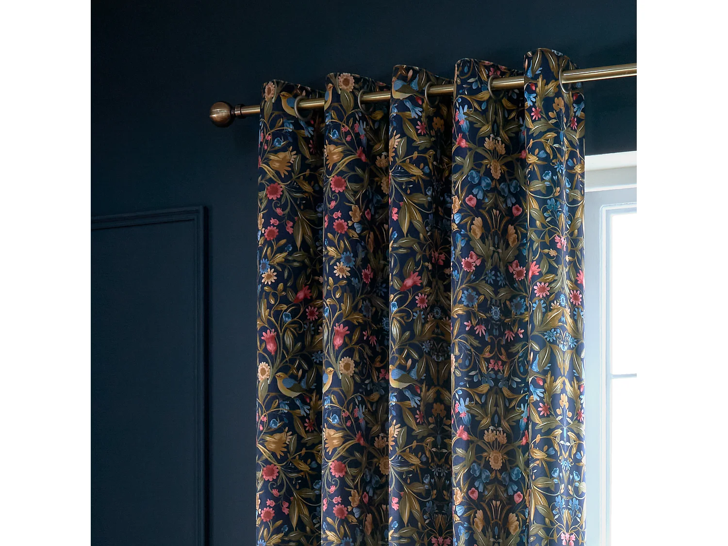Catherine Lansfield Hedgerow Hopper 66x54 Inch Lined Eyelet Curtains Two Panels Navy Blue