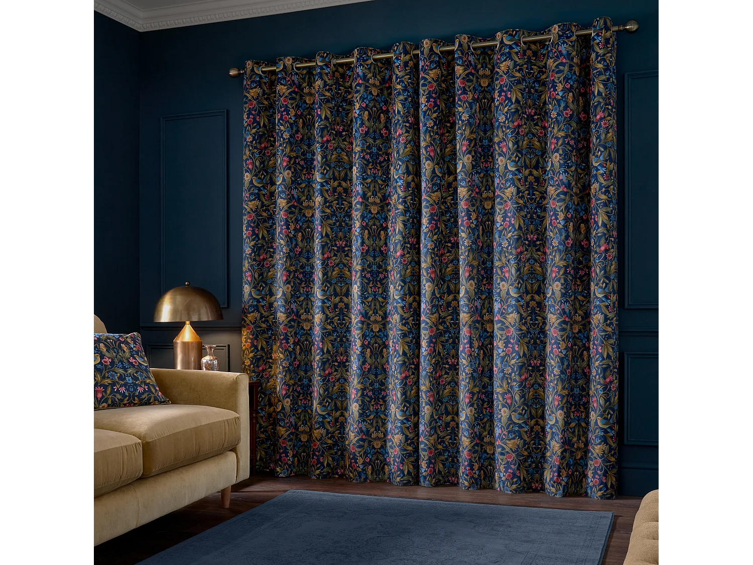 Catherine Lansfield Hedgerow Hopper 90x90 Inch Lined Eyelet Curtains Two Panels Navy Blue