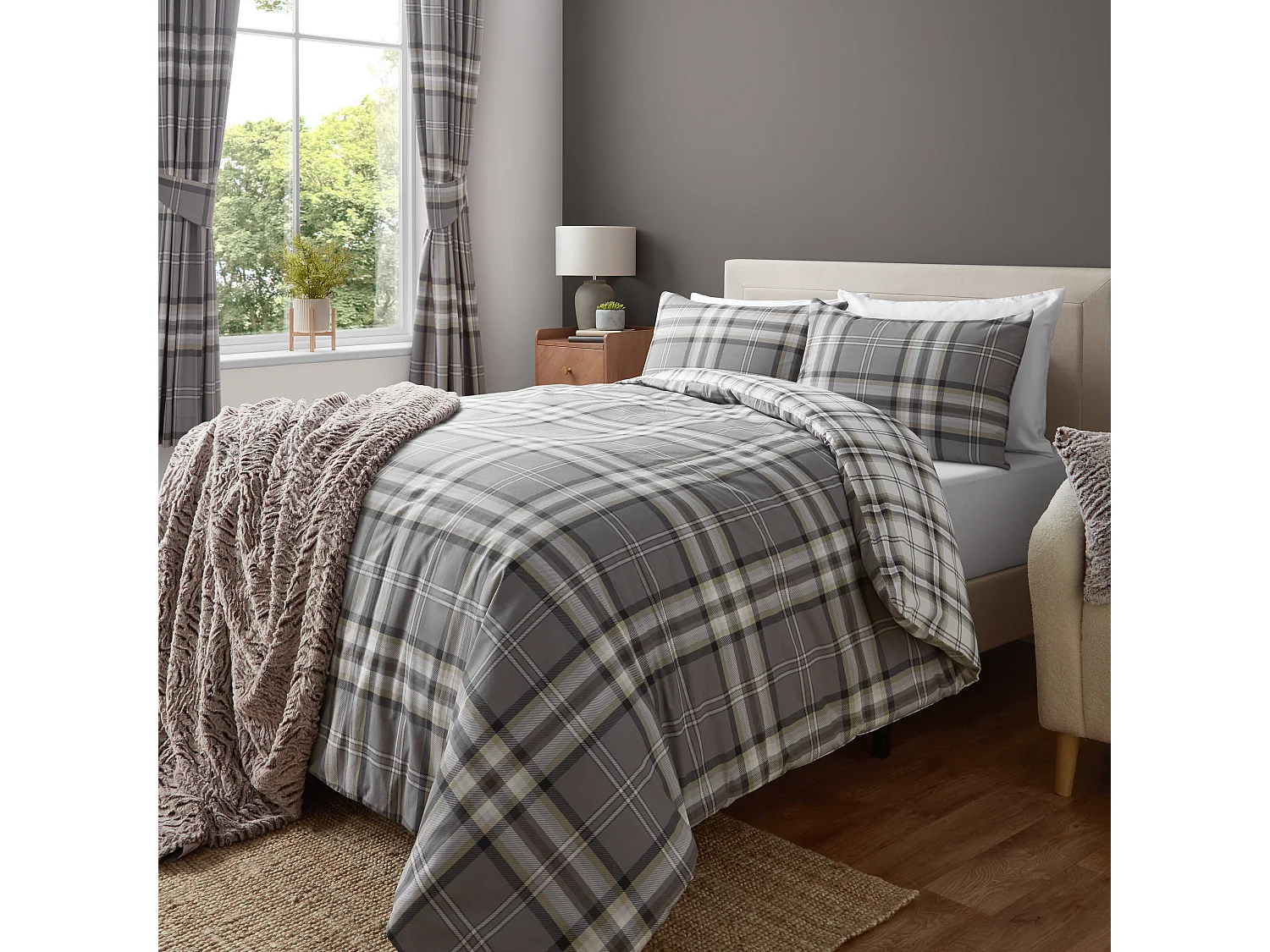 Catherine Lansfield Kelso Check 66x72 Inch Lined Pencil Pleat Curtains Two Panels Charcoal Grey