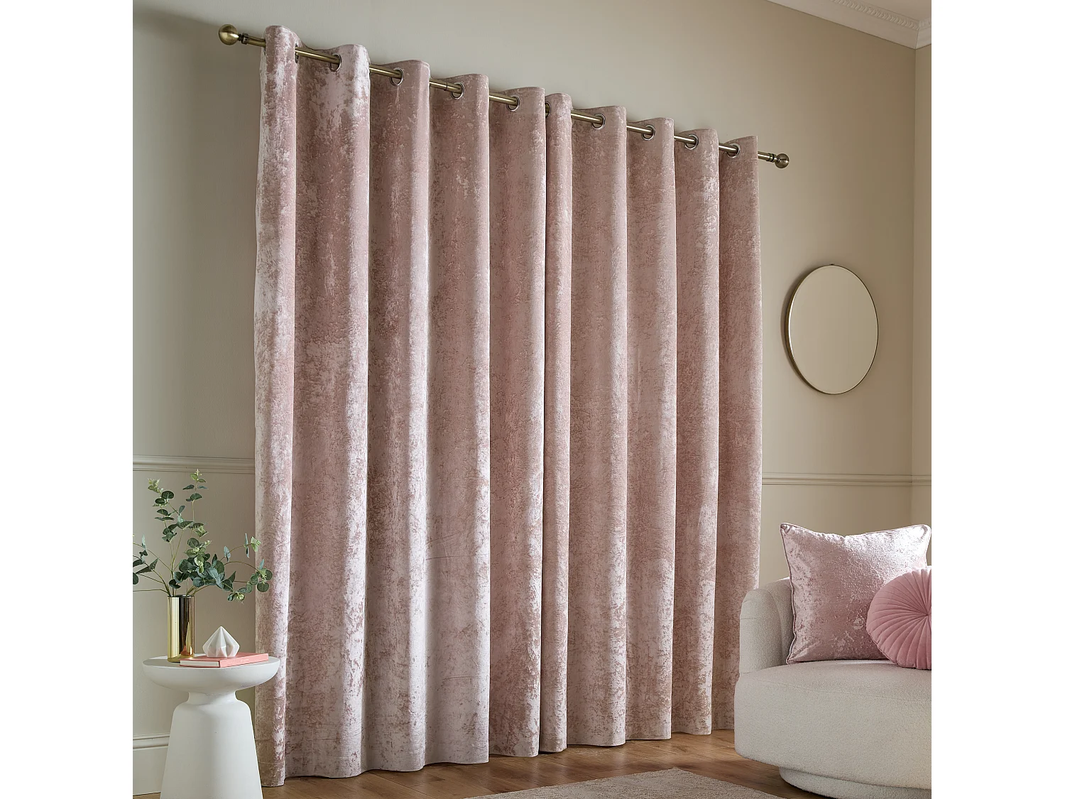 Catherine Lansfield Crushed Velvet 46x72 Inch Lined Eyelet Curtains Two Panels Blush Pink
