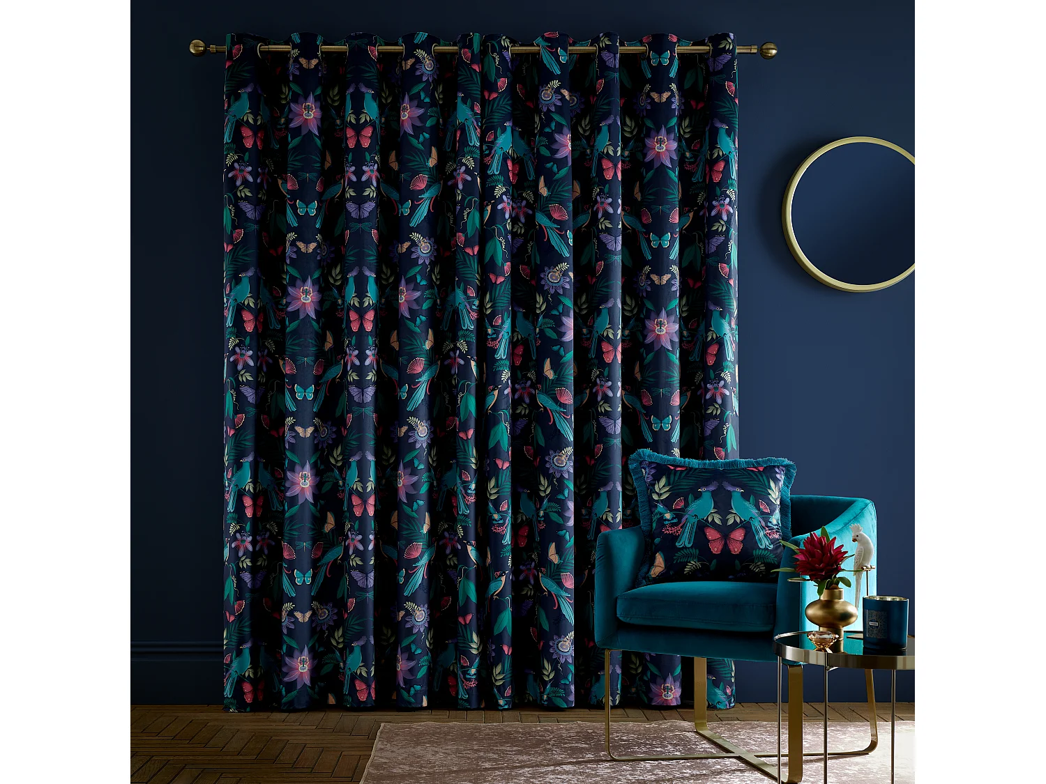 Catherine Lansfield Mya Tropical Birds 46x72 Inch Eyelet Curtains Two Panels Navy Blue