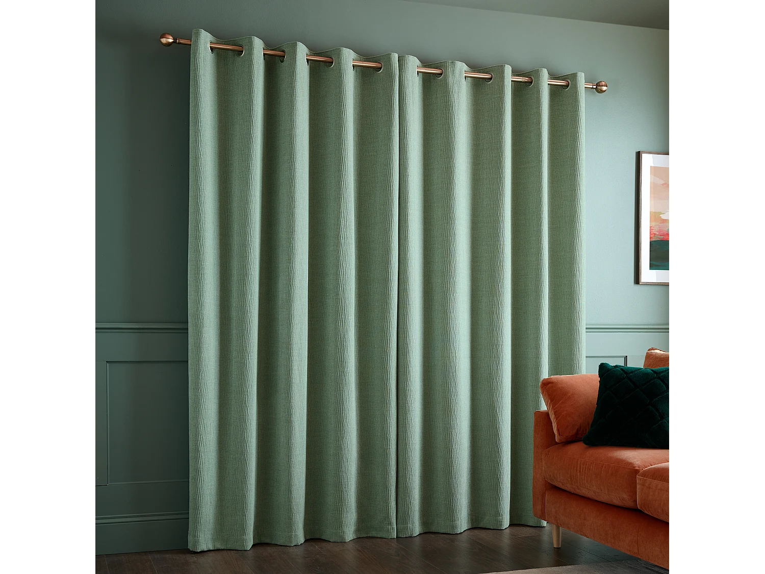 Catherine Lansfield Crinkle Chenille 90x90 Inch Lined Eyelet Curtains Two Panels Green