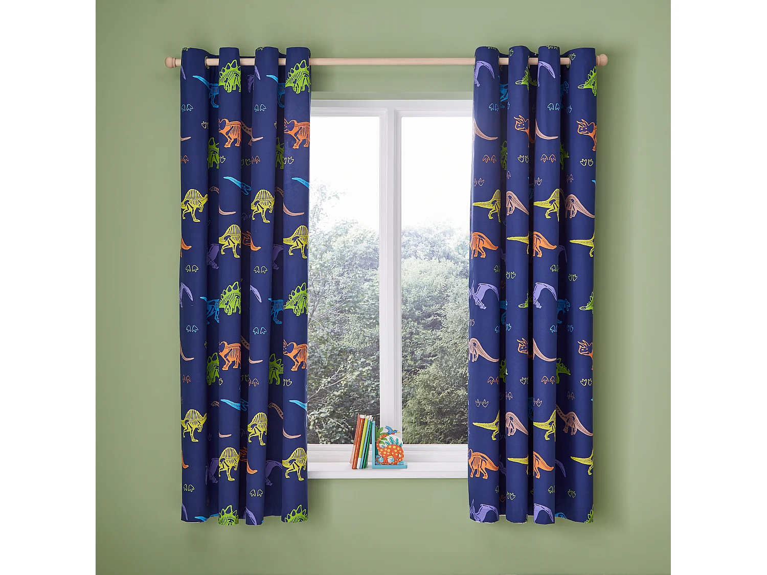 Catherine Lansfield Prehistoric Dinosaurs 66x72 Inch Fully Reversible Two Curtain Panels Natural/Blue
