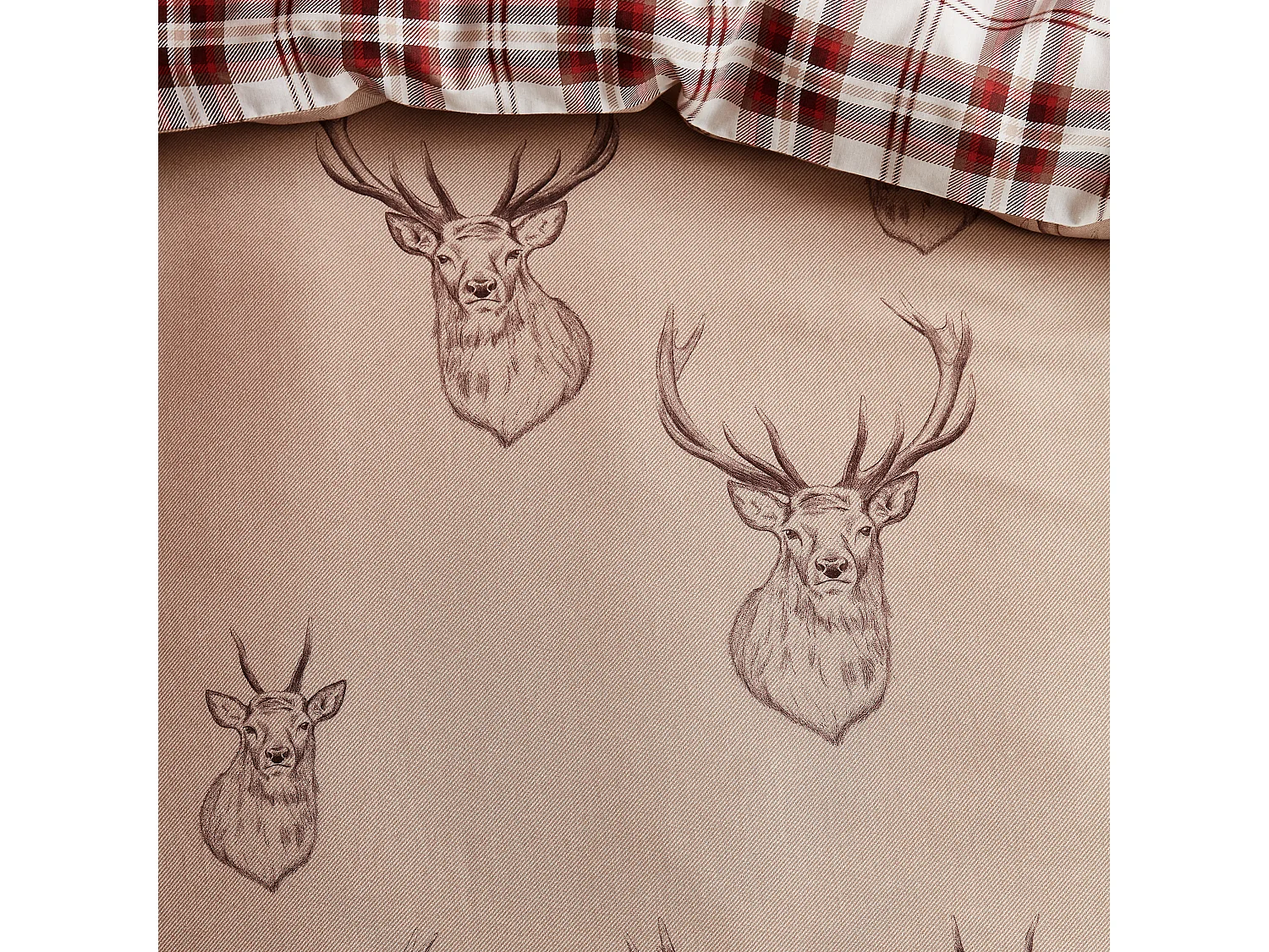 Catherine Lansfield Stag Check Reversible King Duvet Cover Set with Pillowcases Natural