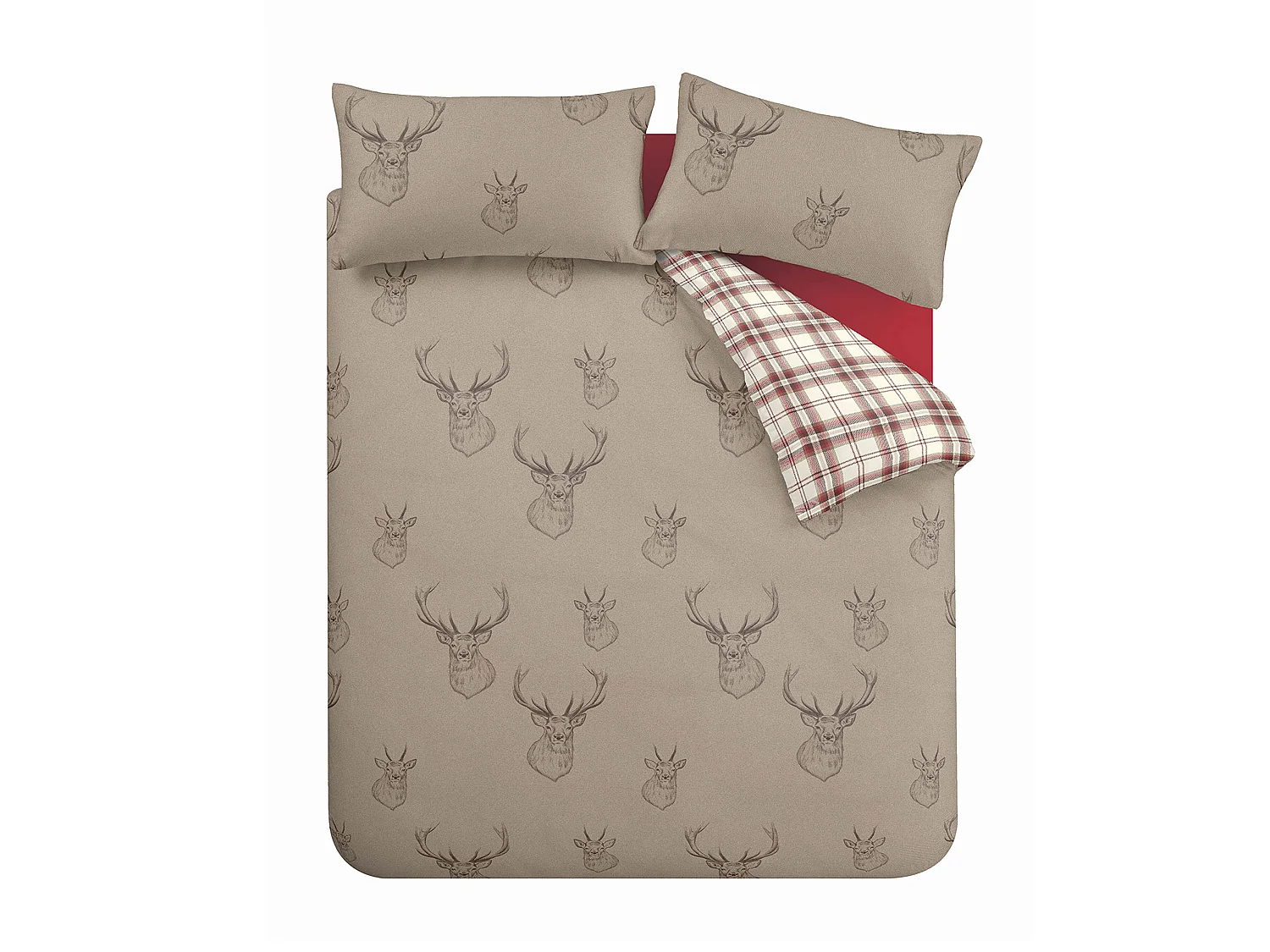 Catherine Lansfield Stag Check Reversible King Duvet Cover Set with Pillowcases Natural