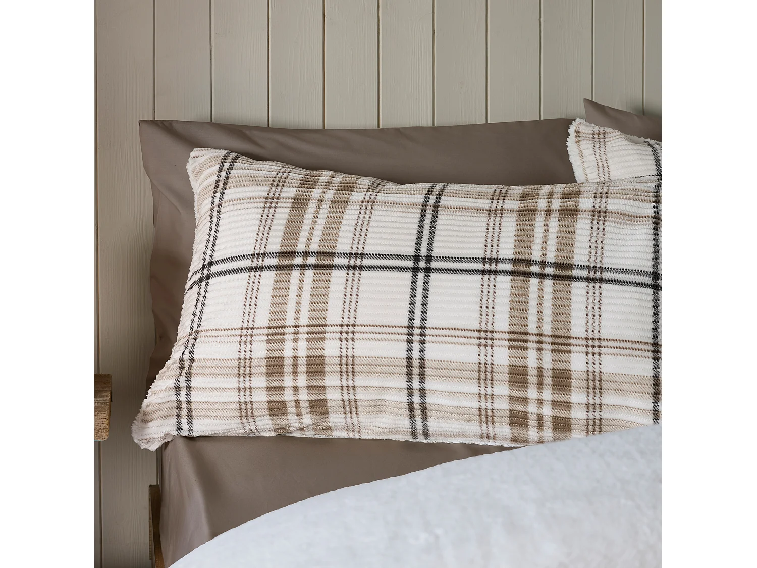 Catherine Lansfield Cosy Ribbed Check King Duvet Cover Set with Pillowcases Natural