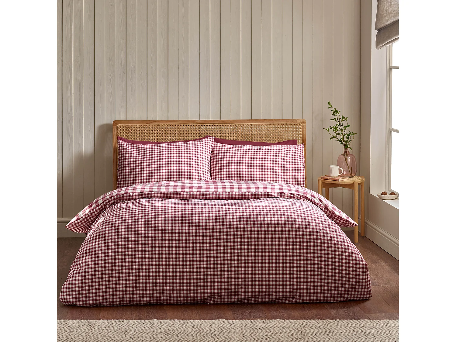 Catherine Lansfield Brushed Cotton Gingham Check Reversible Single Duvet Cover Set with Pillowcase Burgundy